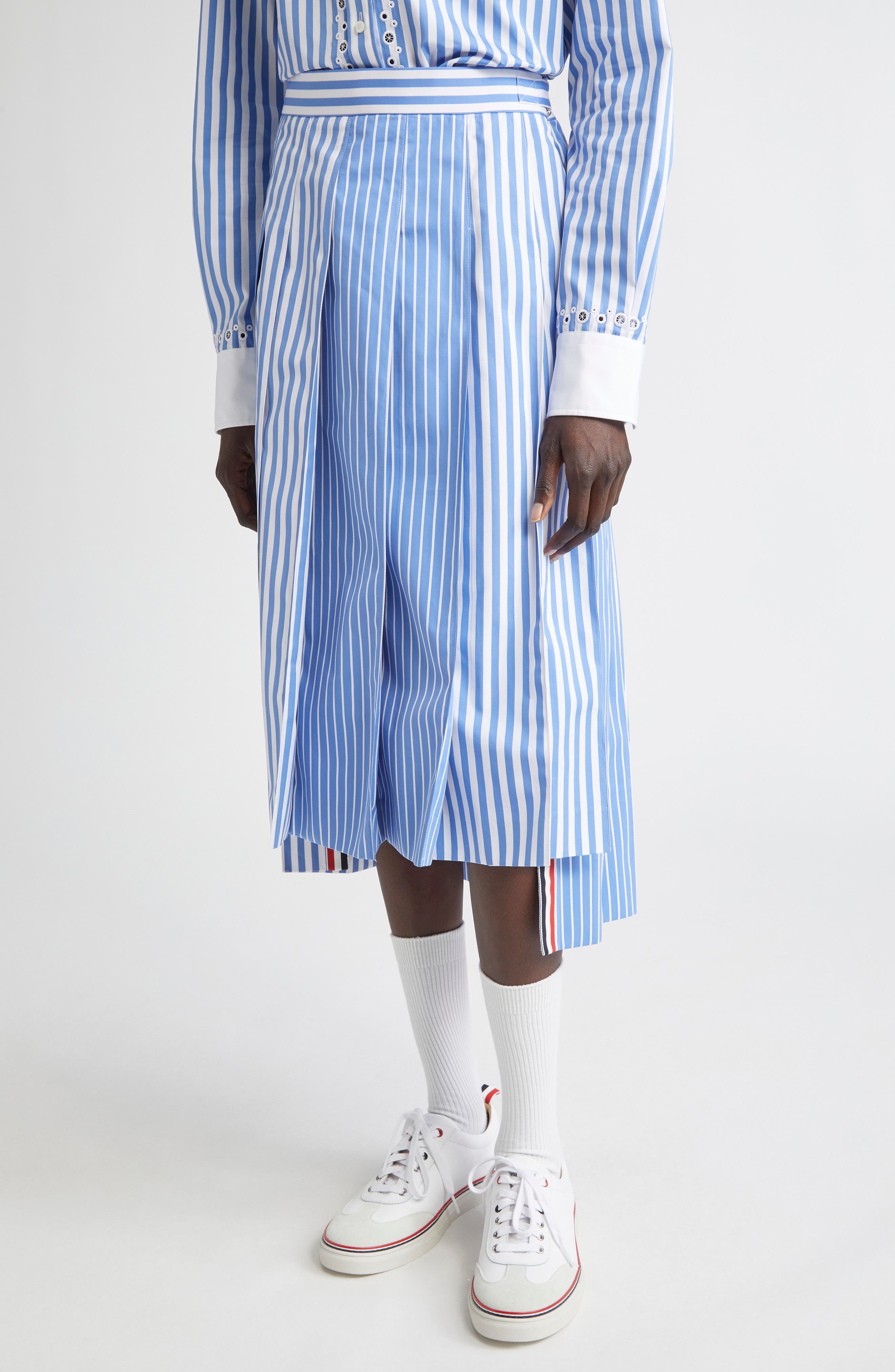 Thom Browne Awning Stripe Pleated Cotton Poplin Skirt in Medium Blue at Nordstrom - 5