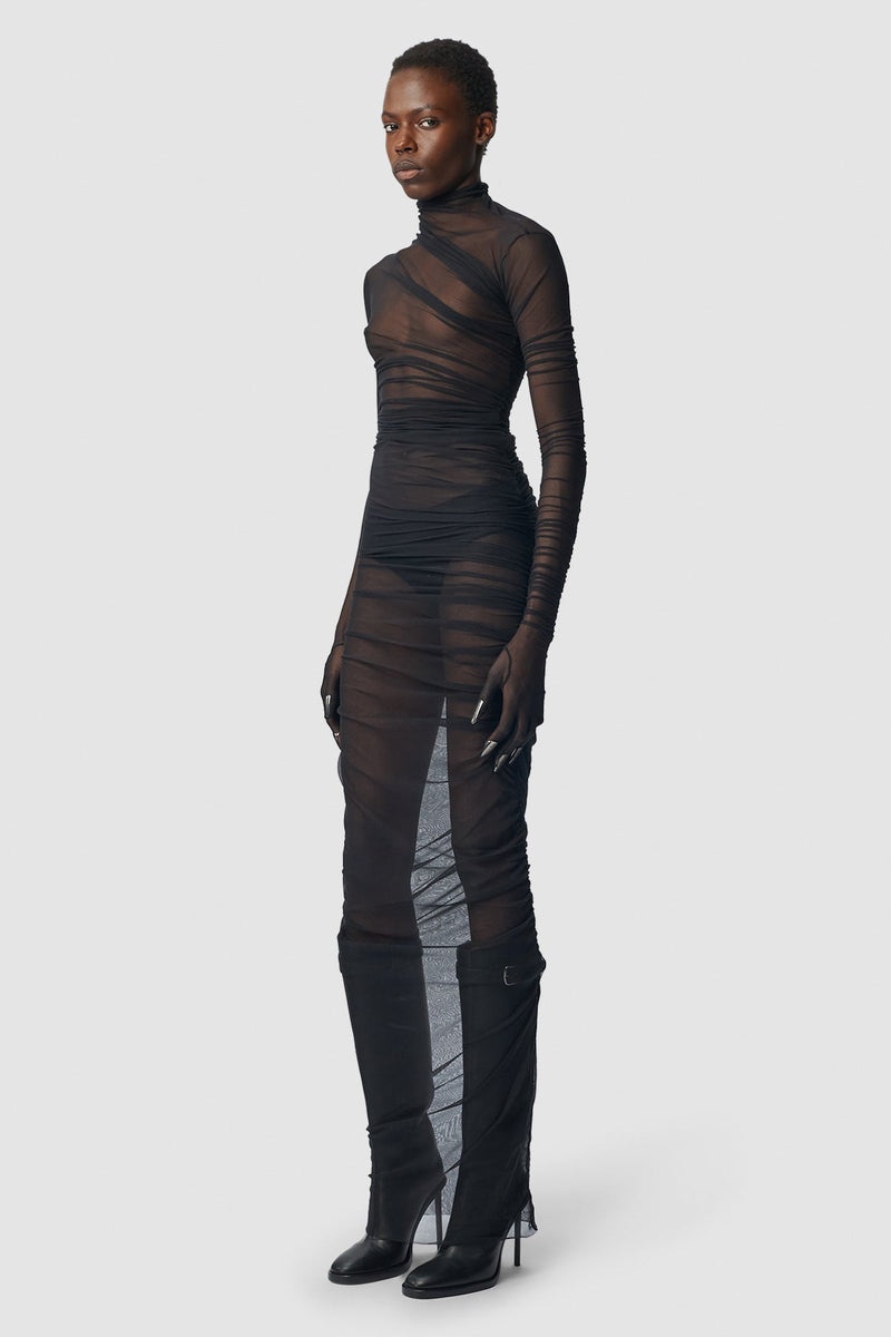 Patty Long Draped Dress With Gloved Sleeves - 2
