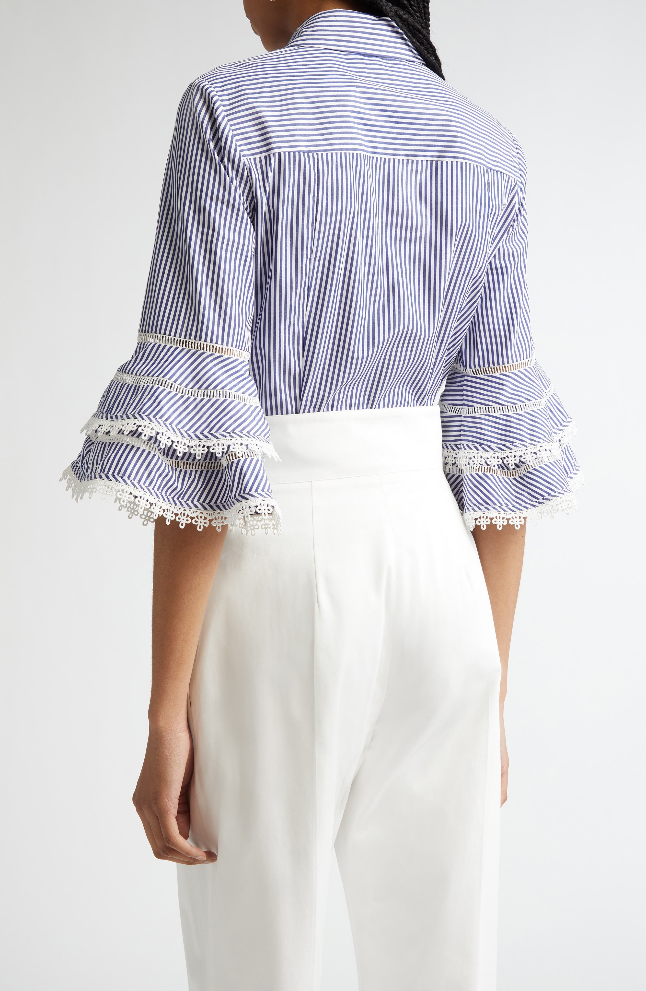 Carolina Herrera Stripe Tiered Ruffle Sleeve Belted Poplin Shirtdress in White/Blue at Nordstrom - 3