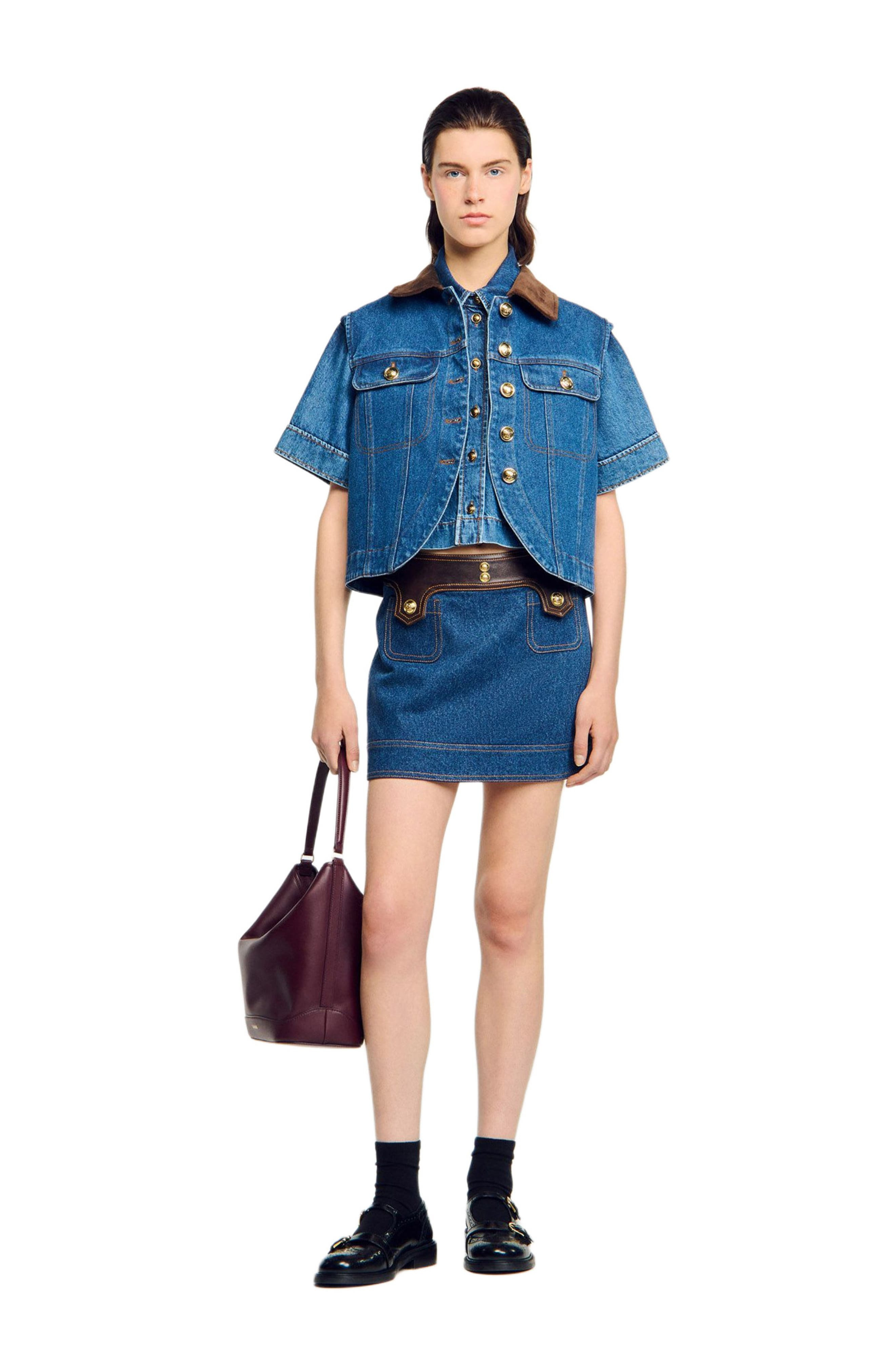SANDRO Short denim and leather skirt in Dark Blue at Nordstrom - 6