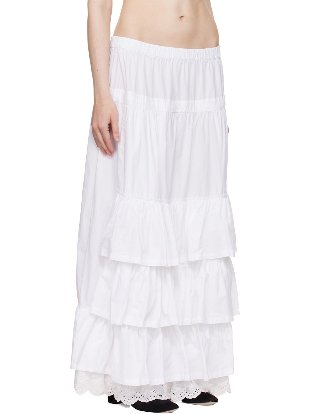White Rolled Waist Tiered Midi Skirt - 2