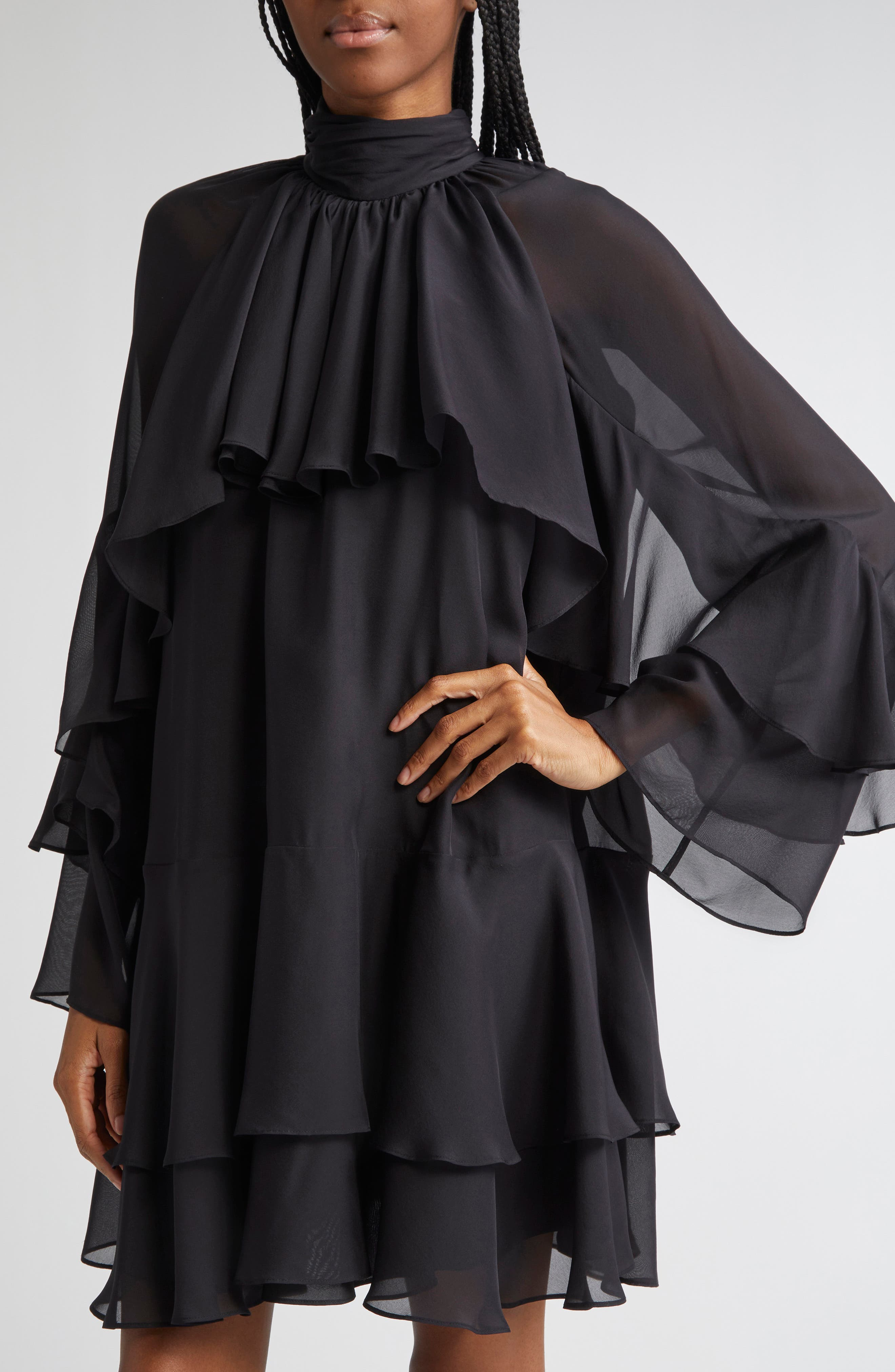 Veronica Beard Adlington Ruffle Detail Long Sleeve Silk Chiffon Dress in Black at Nordstrom - 4
