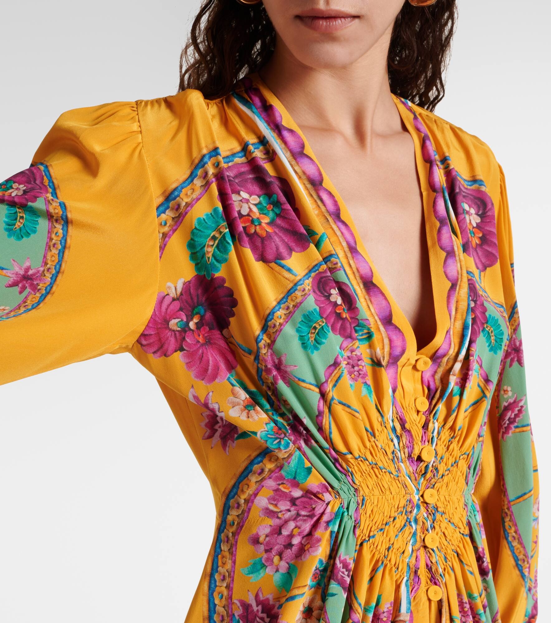 Floral balloon-sleeve silk satin gown - 4