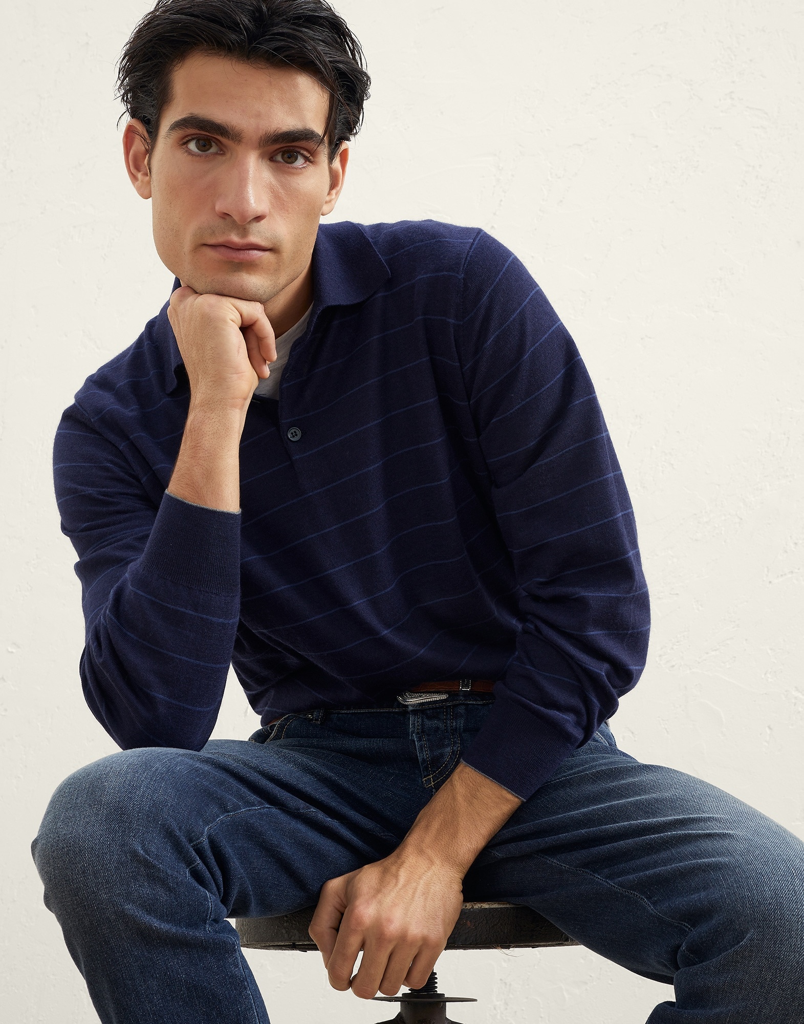 Striped lightweight polo-style sweater in virgin wool and cashmere - 4