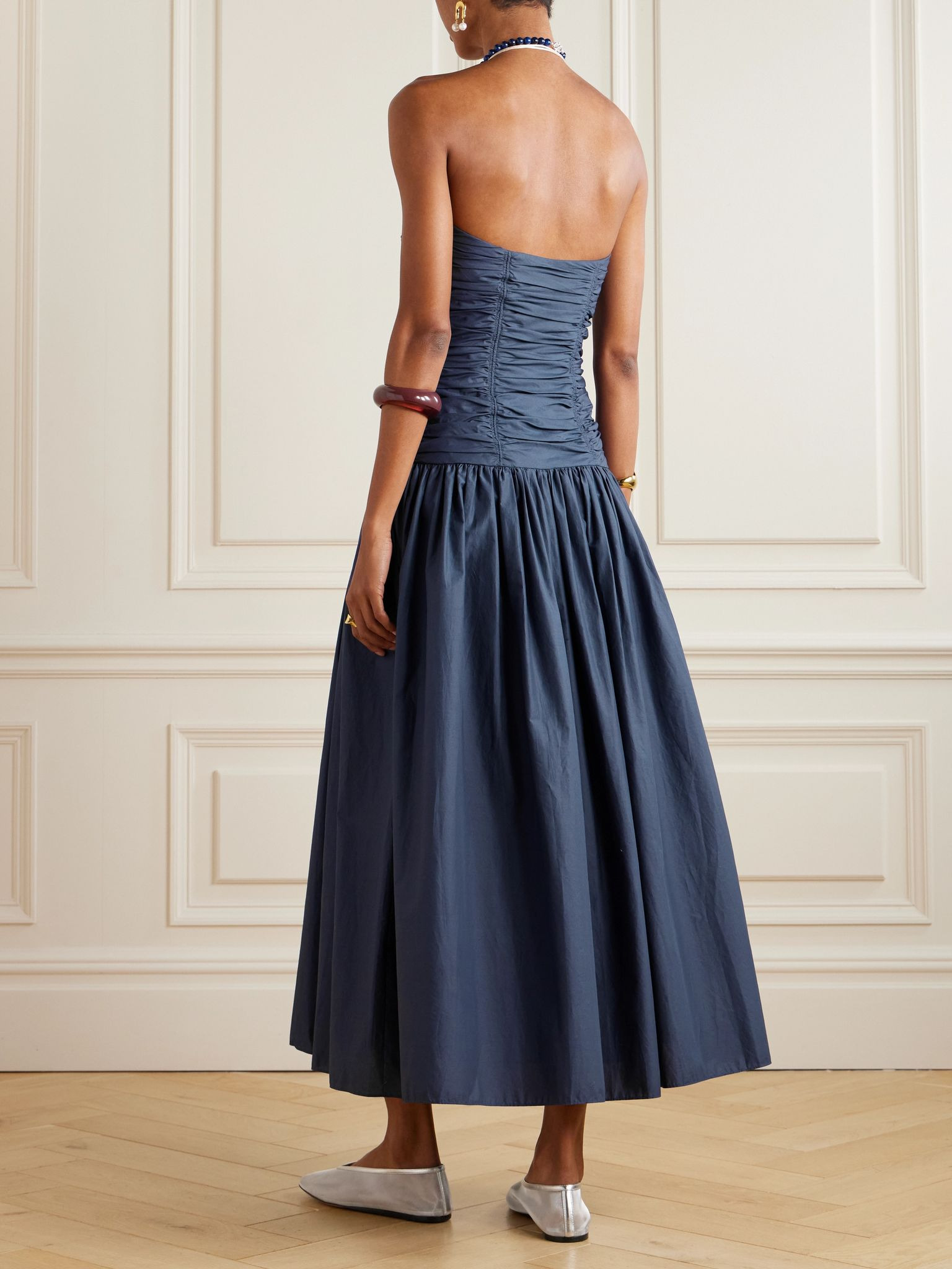 Strapless ruched organic cotton-poplin midi dress Blue - 3