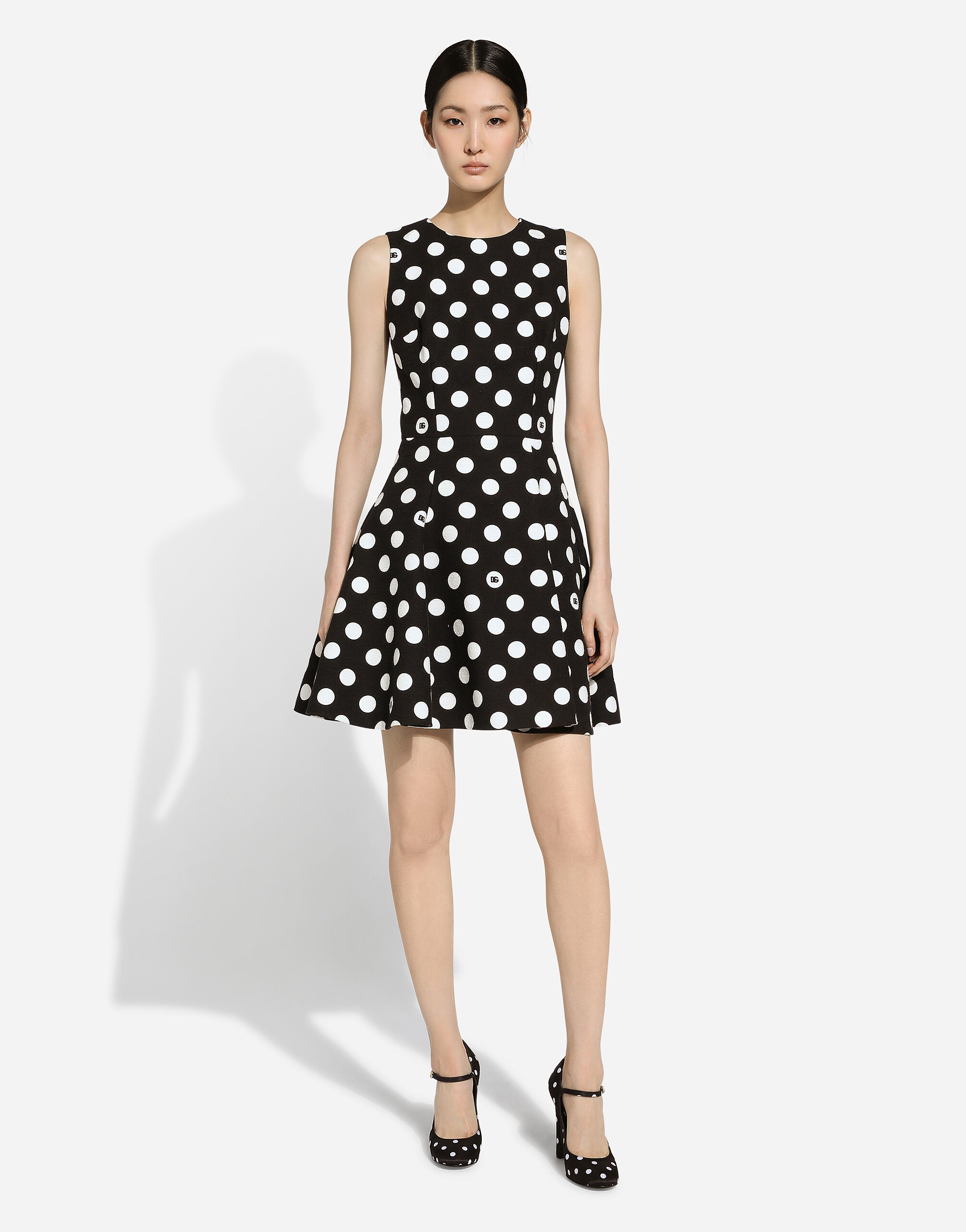 Short cotton rush-stitch brocade dress with polka-dot print - 6