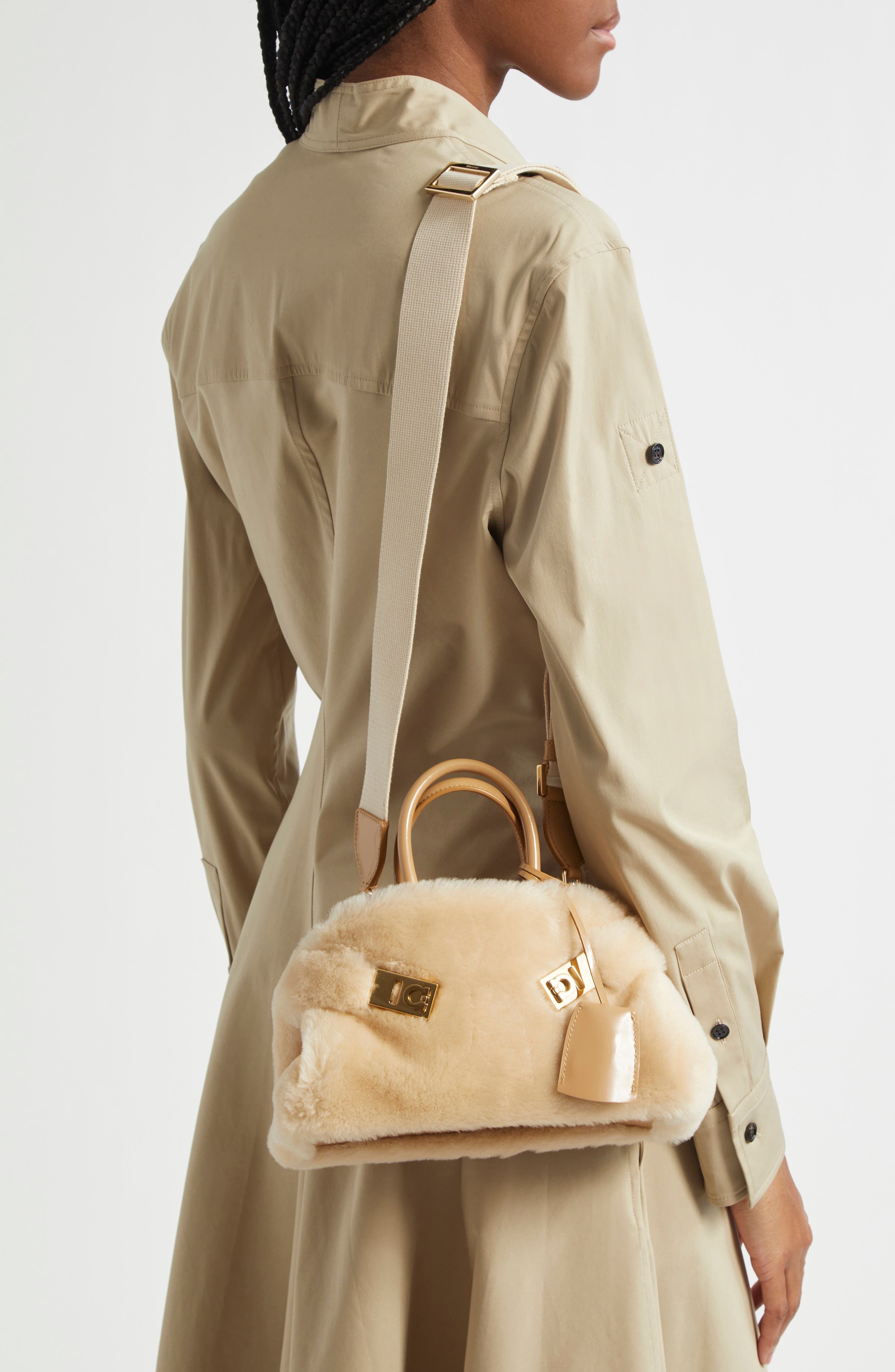 FERRAGAMO Mini Hug Genuine Shearling Top Handle Bag in Naturale/Camel at Nordstrom - 2