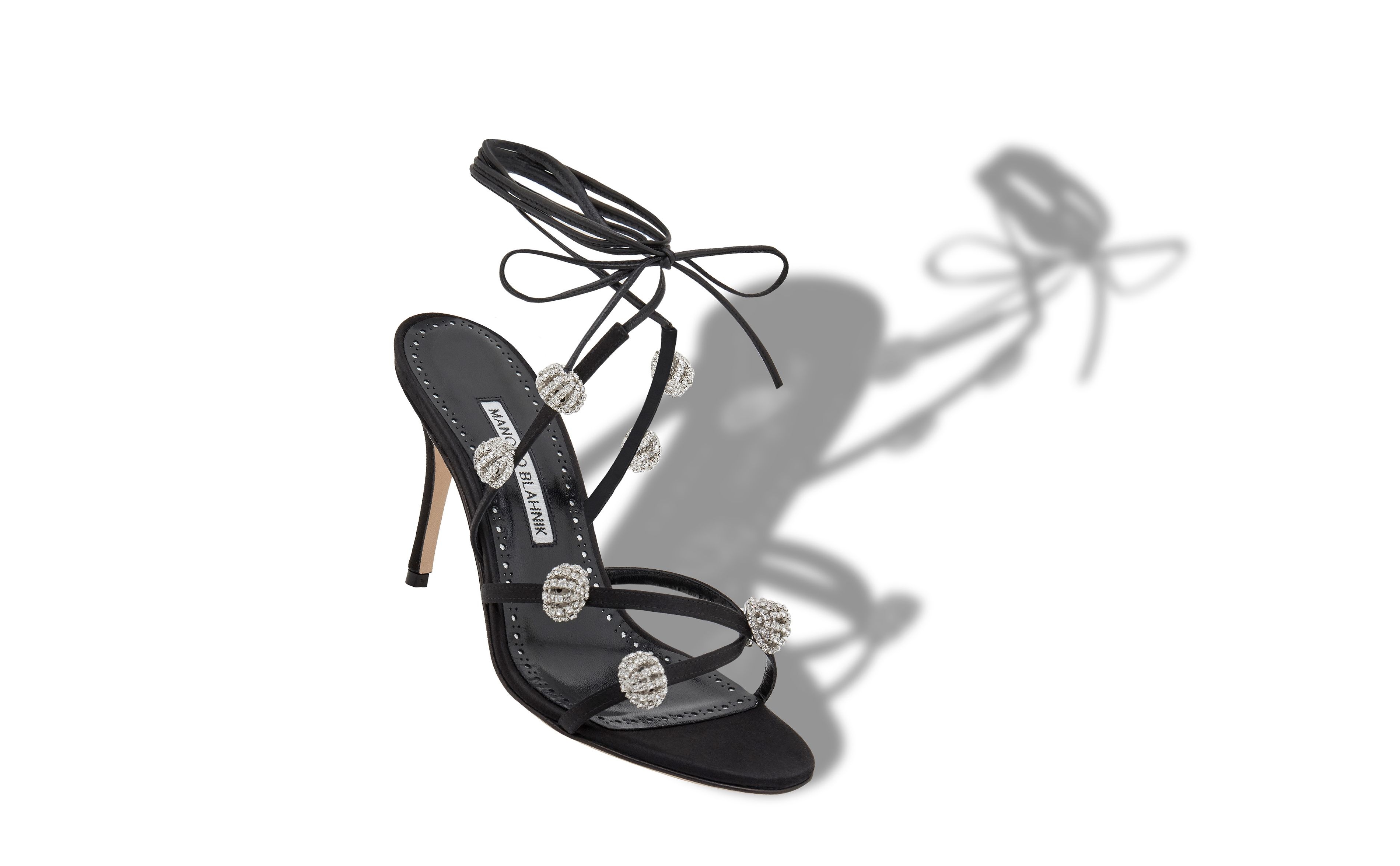 Black Satin Strappy Embellished Sandals - 2