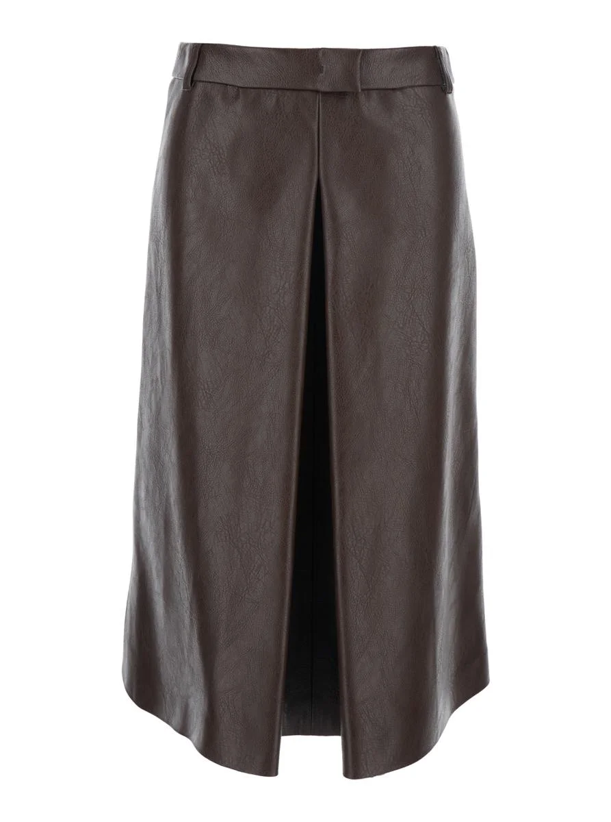 Msgm Brown Midi Skirt With Belt Loops And Front Single Slit In Ecoleather Woman - 1
