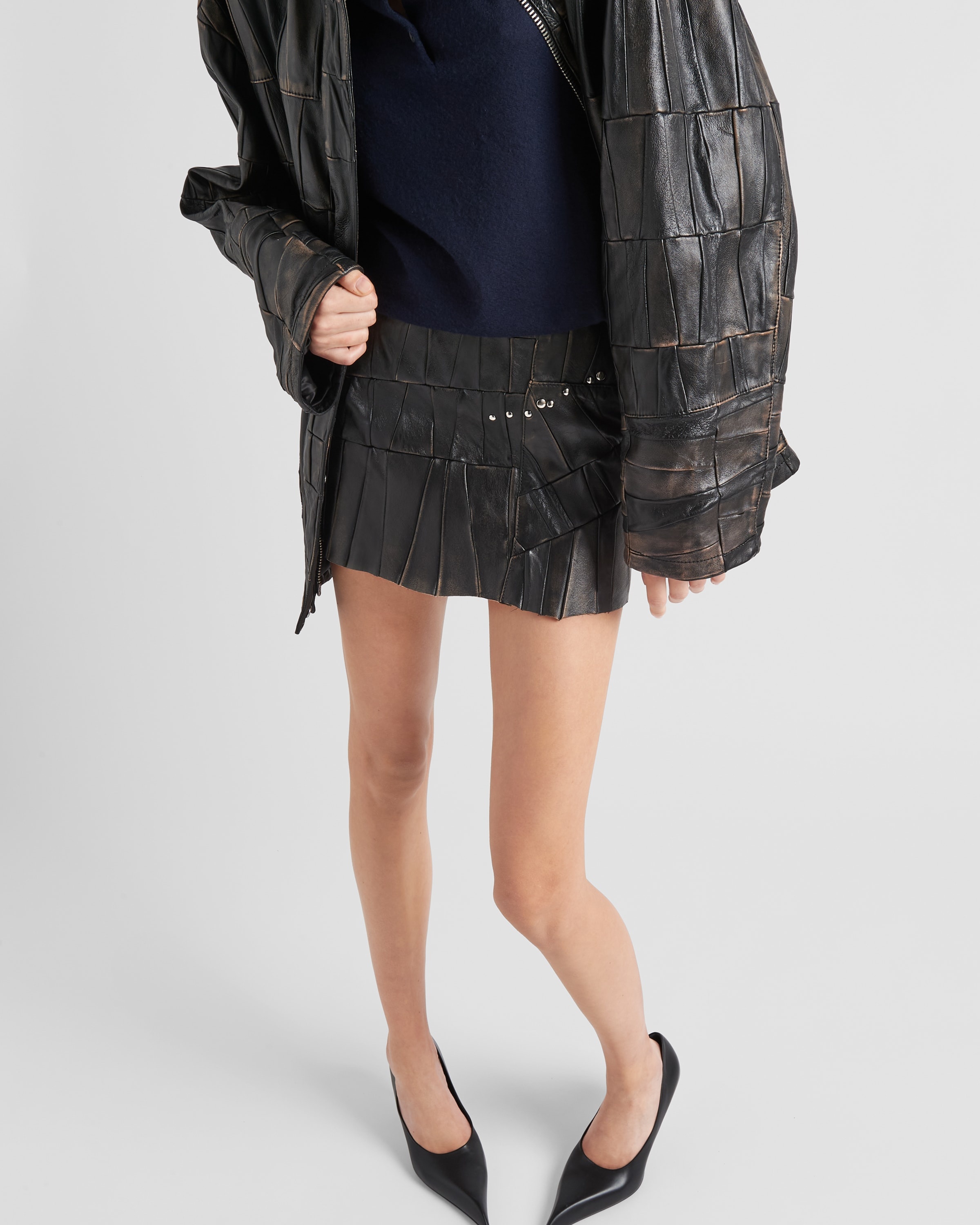 Studded nappa leather patchwork skirt - 6
