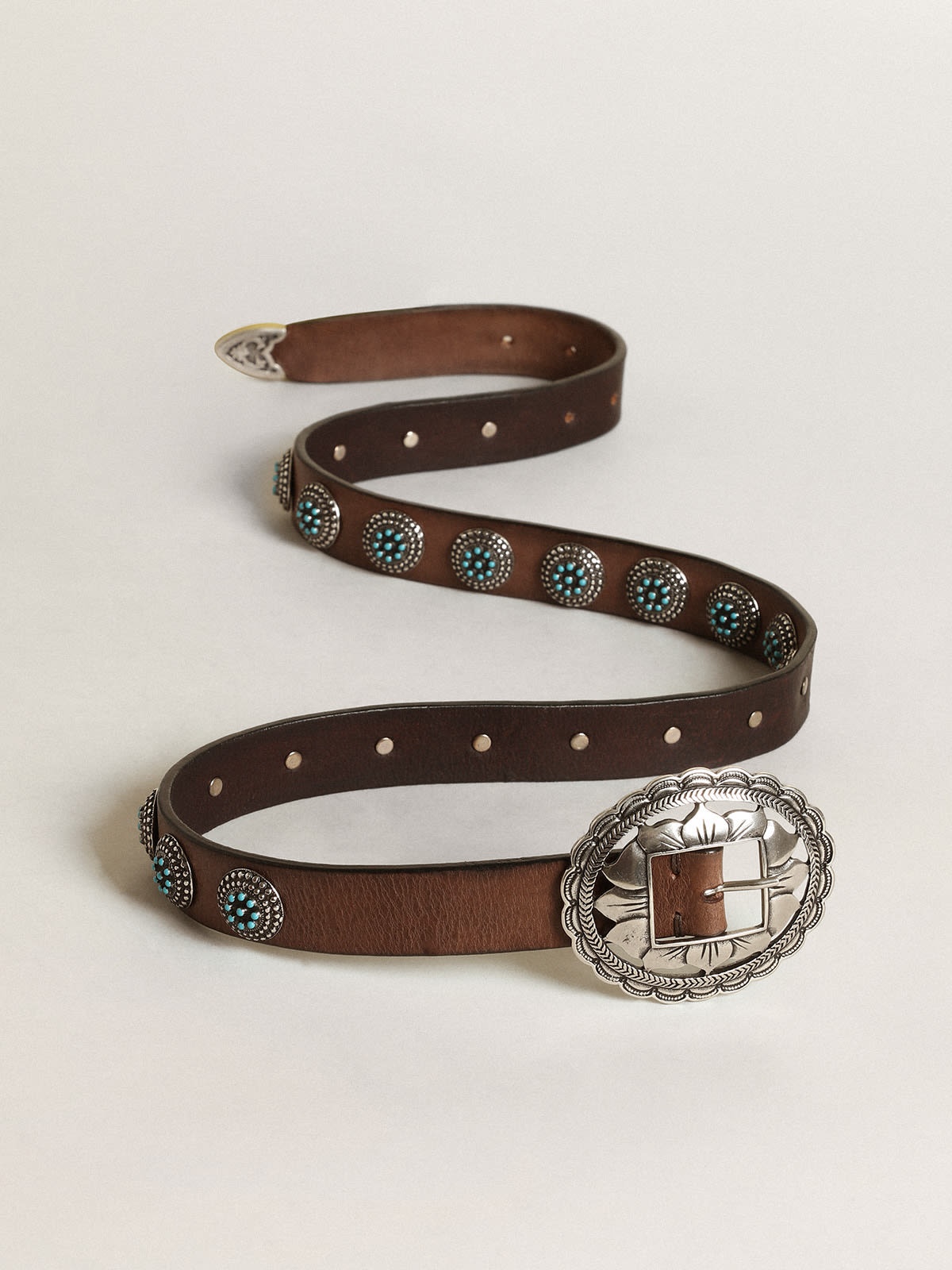Women's belt in dark brown leather with silver studs - 4