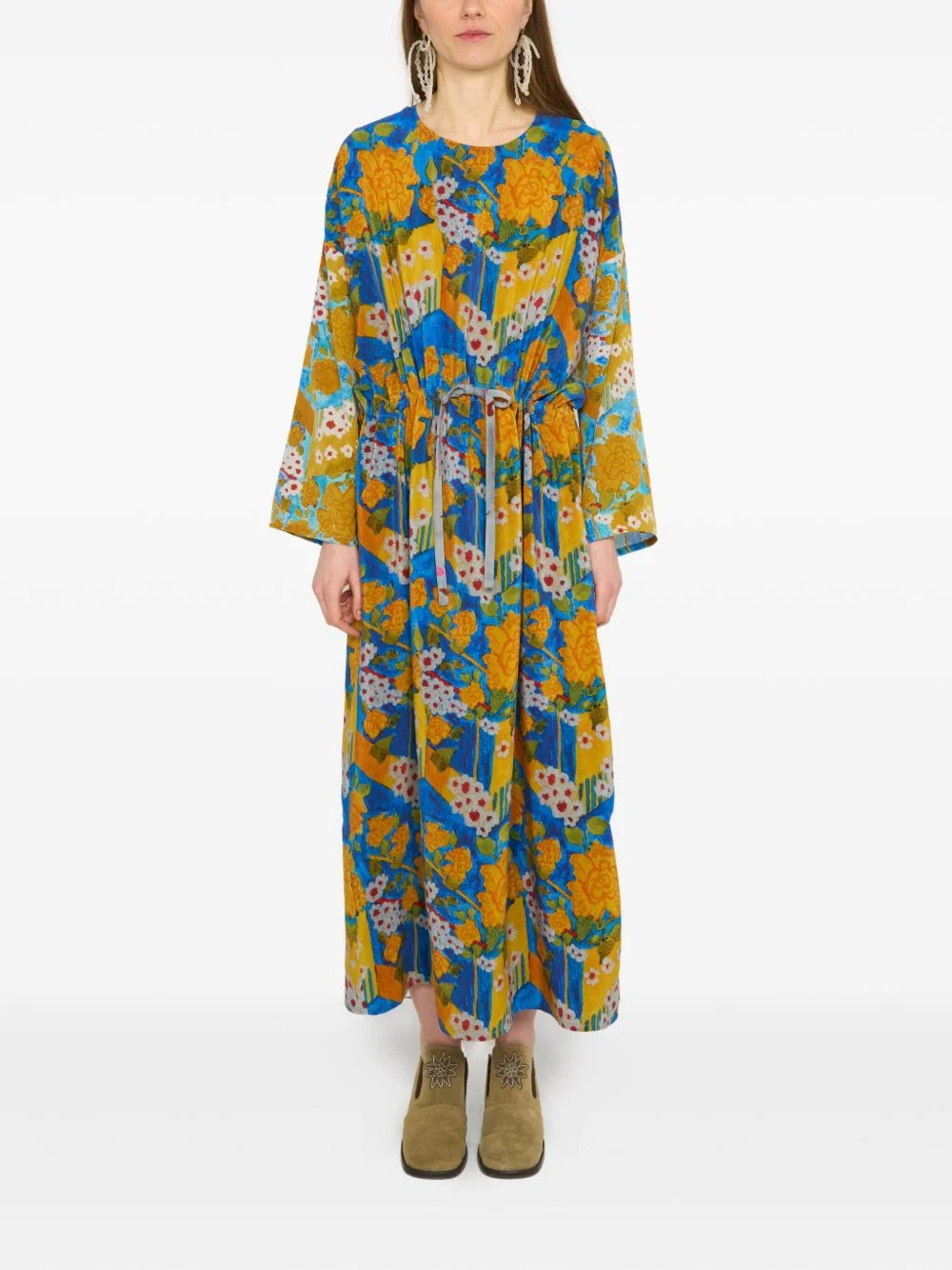 floral-print drawstring midi dress - 1