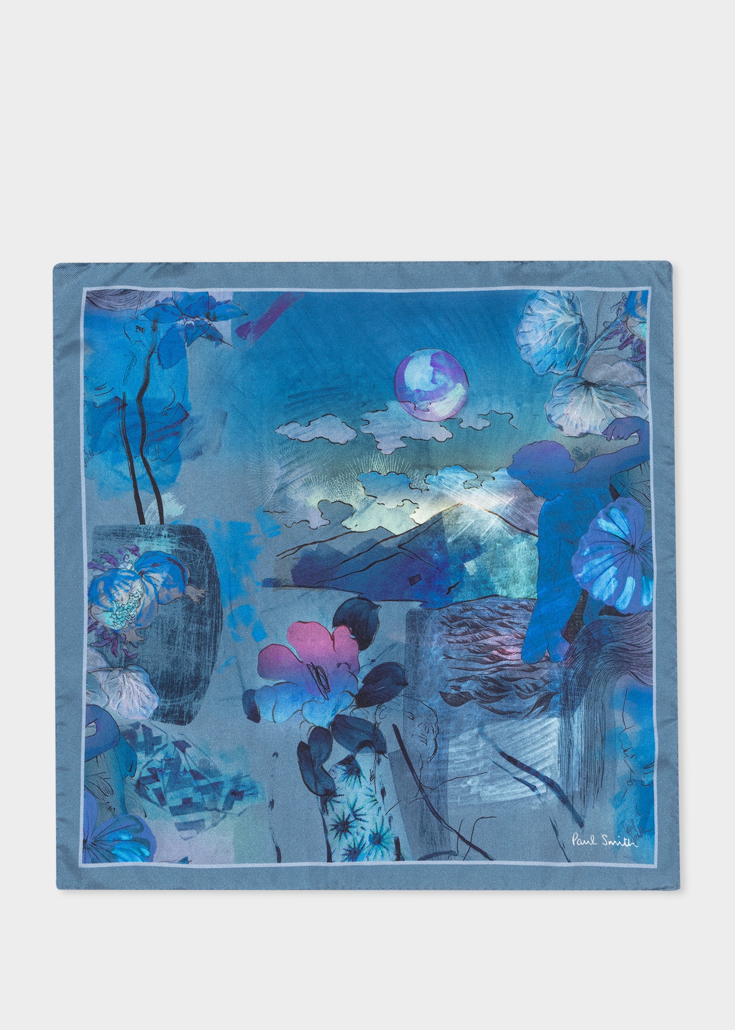 Blue 'Narcissus' Silk Pocket Square - 1