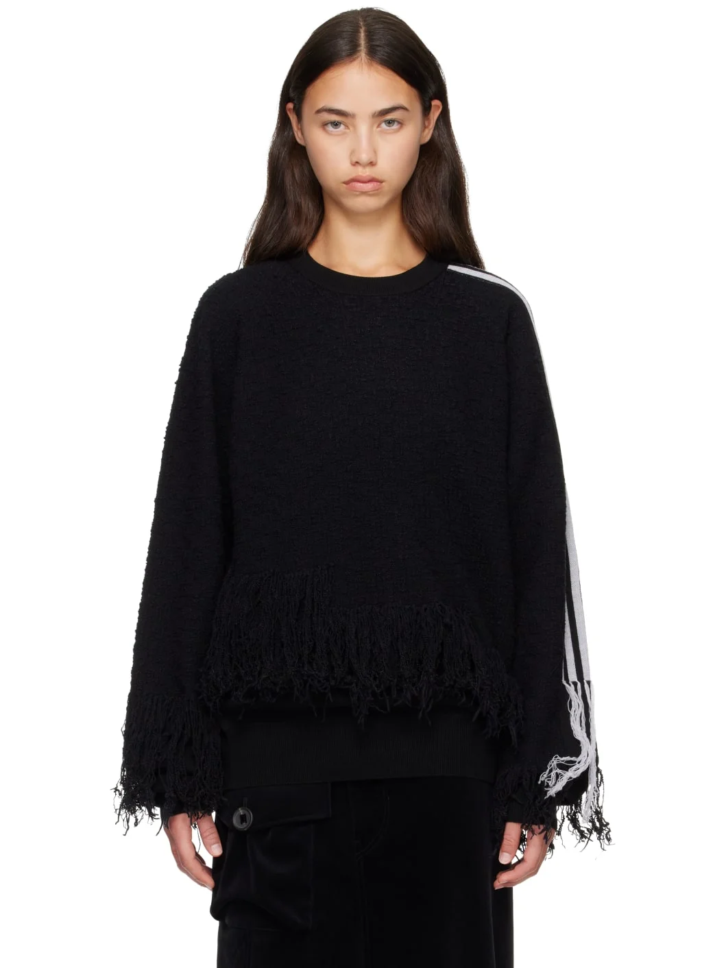 Black Knitted 3-Stripes Fringy Sweater - 1