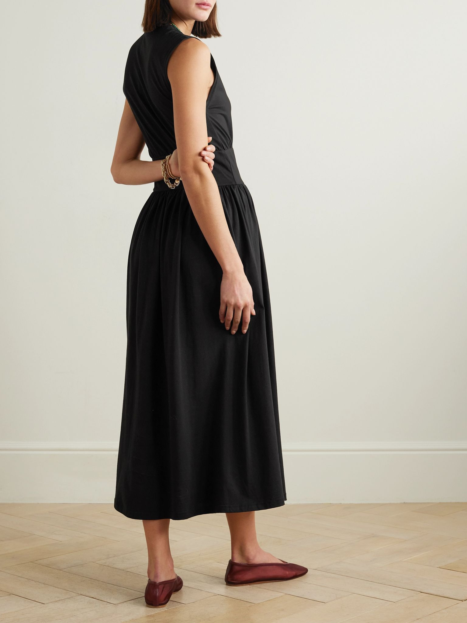 Pleated organic cotton-jersey midi dress Black - 3