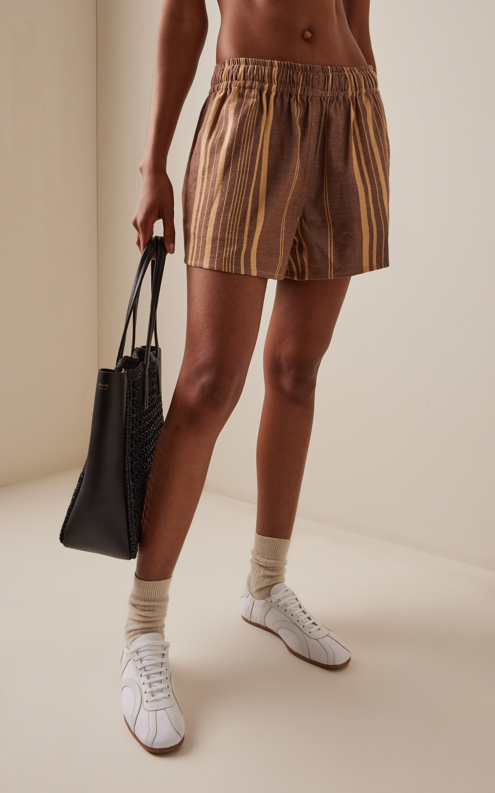 Exclusive Striped Cotton High-Rise Shorts brown - 3