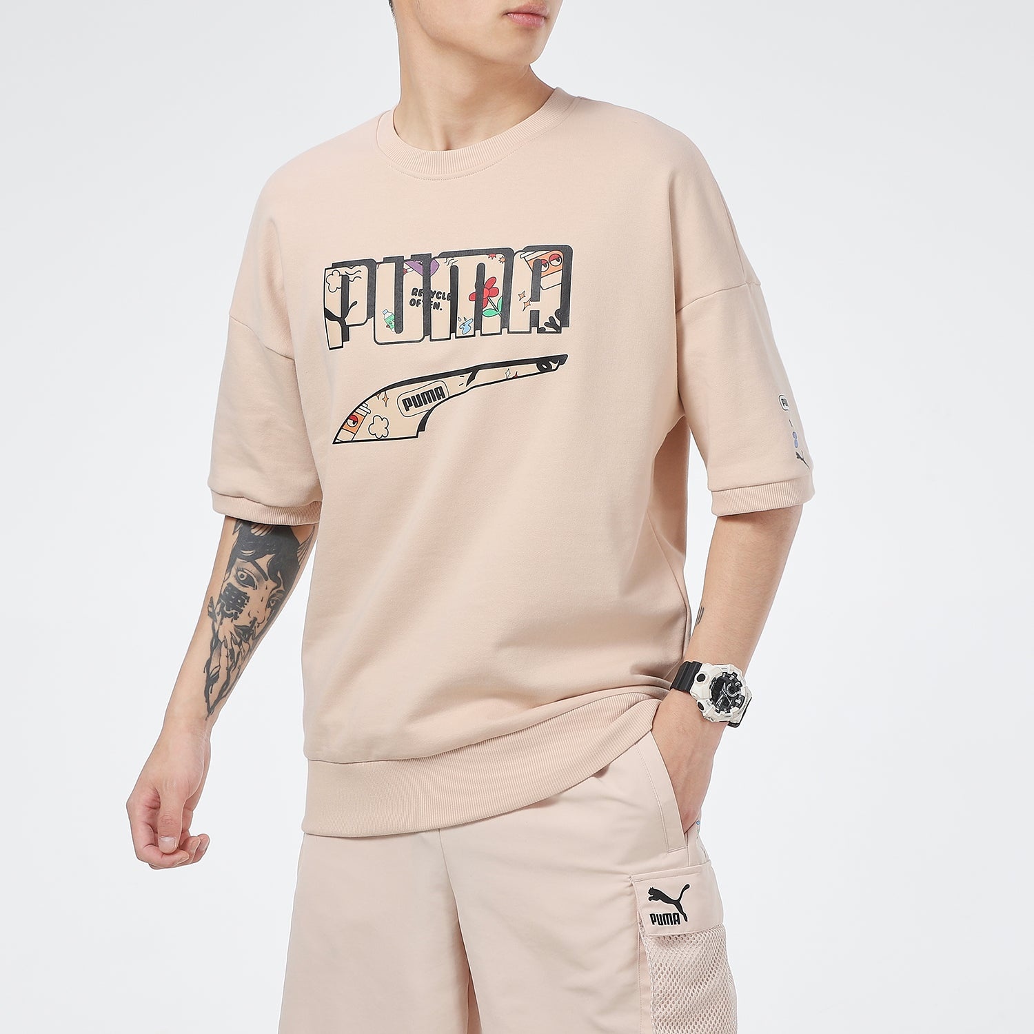 PUMA Logo T-Shirt 'Beige Black' 532041-68 - 5