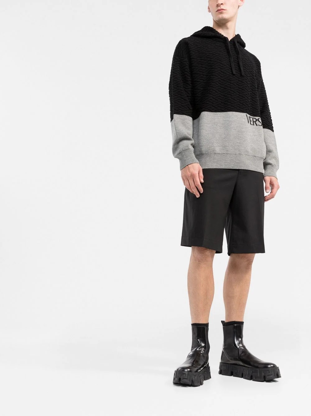 panelled-knit pullover hoodie - 2