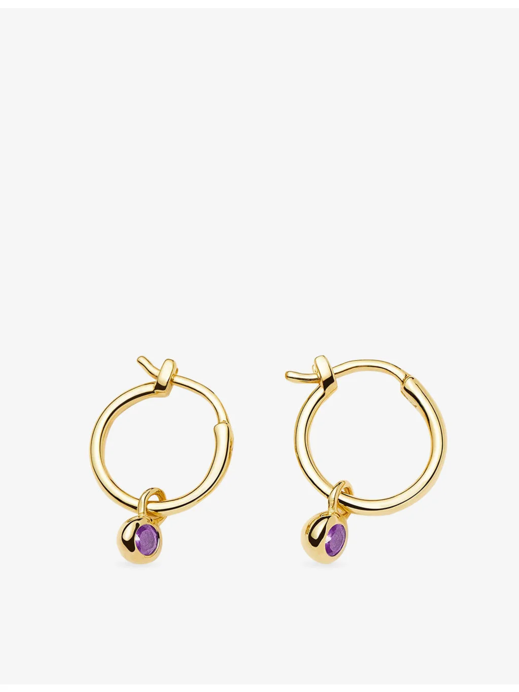 February Birthstone Mini Charm 18ct Yellow Gold Plated Brass And Amethyst Hoop Earrings - 1