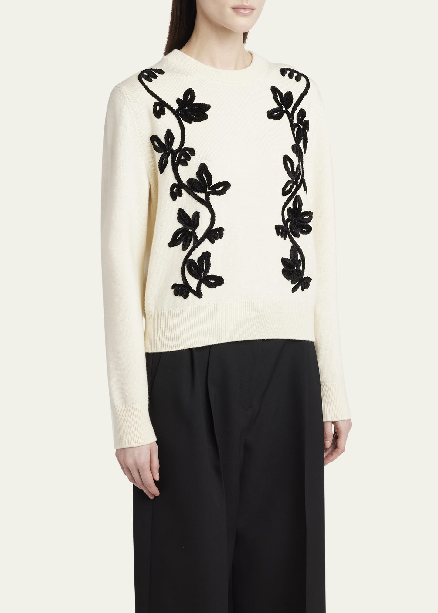 Velvet Floral Embroidered Merino Crewneck Sweater - 4