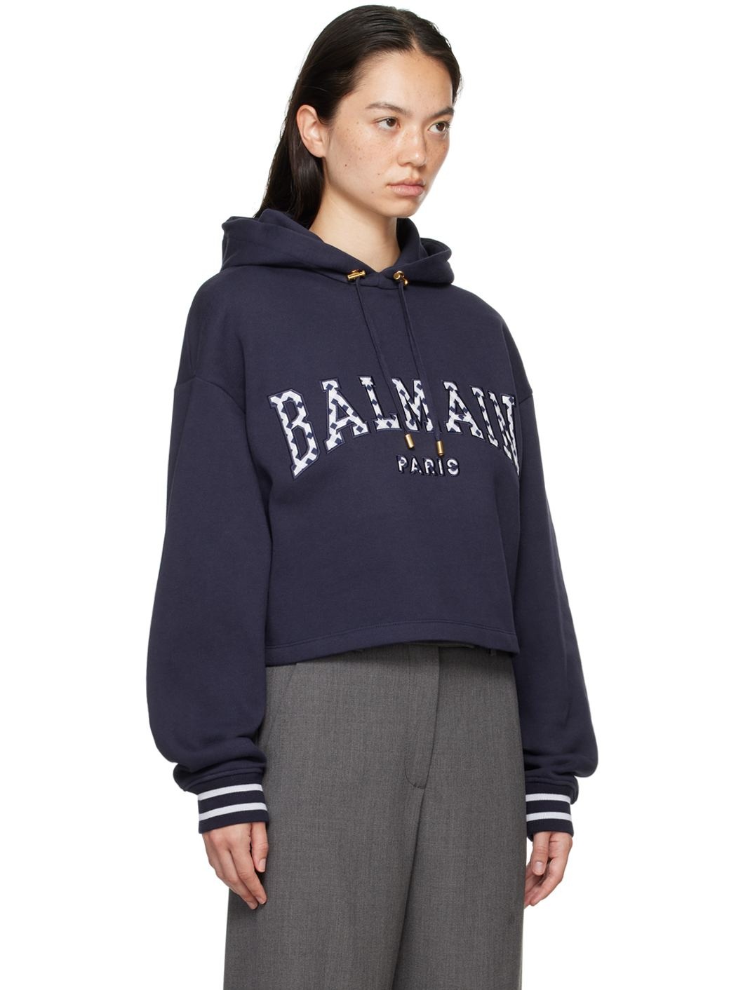 Navy Vichy Detail Cropped Hoodie - 2