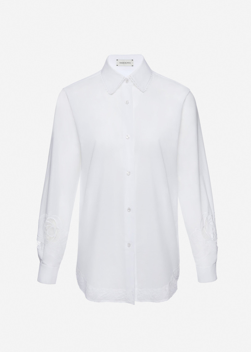 Embroidered sleeves lace-trimmed shirt in white 1