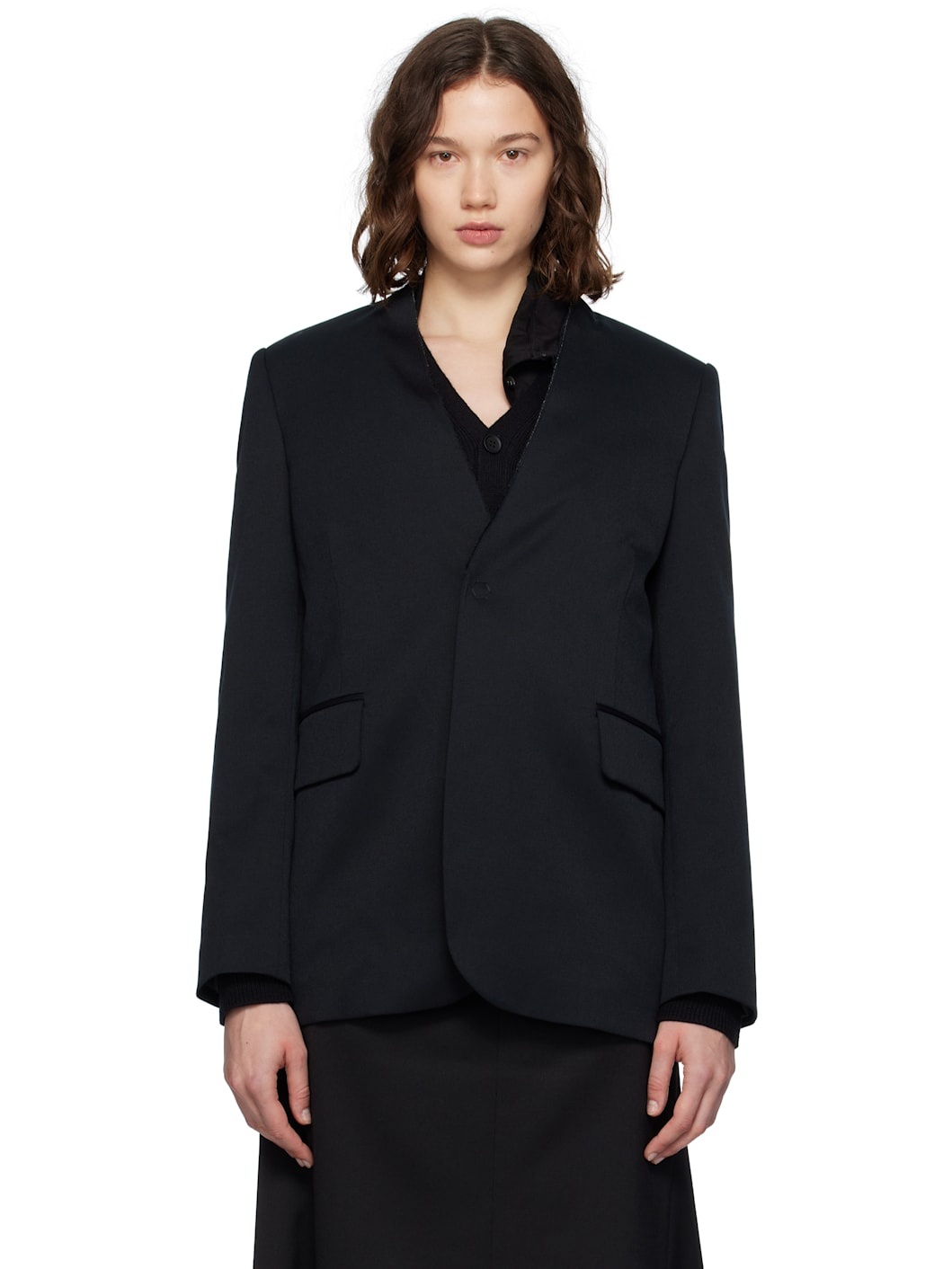 Black Collarless Tailoring Wool Blazer - 1