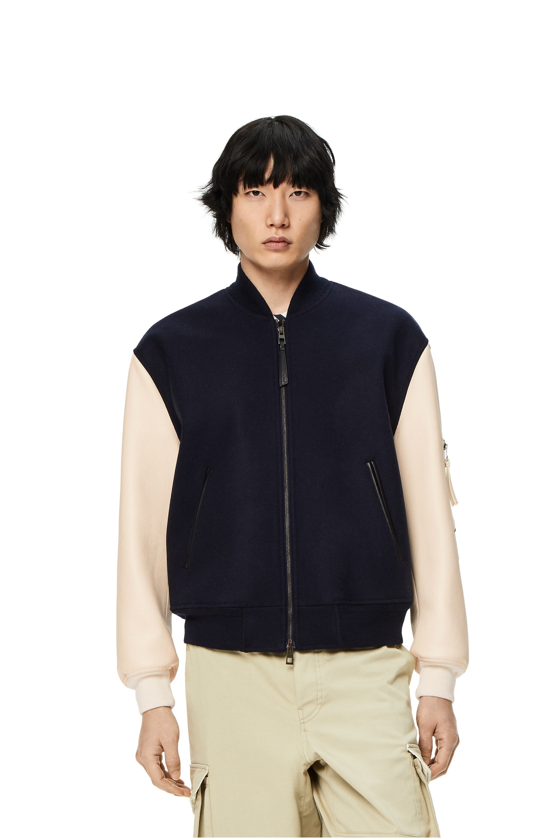 Leather sleeve bomber in wool - 3