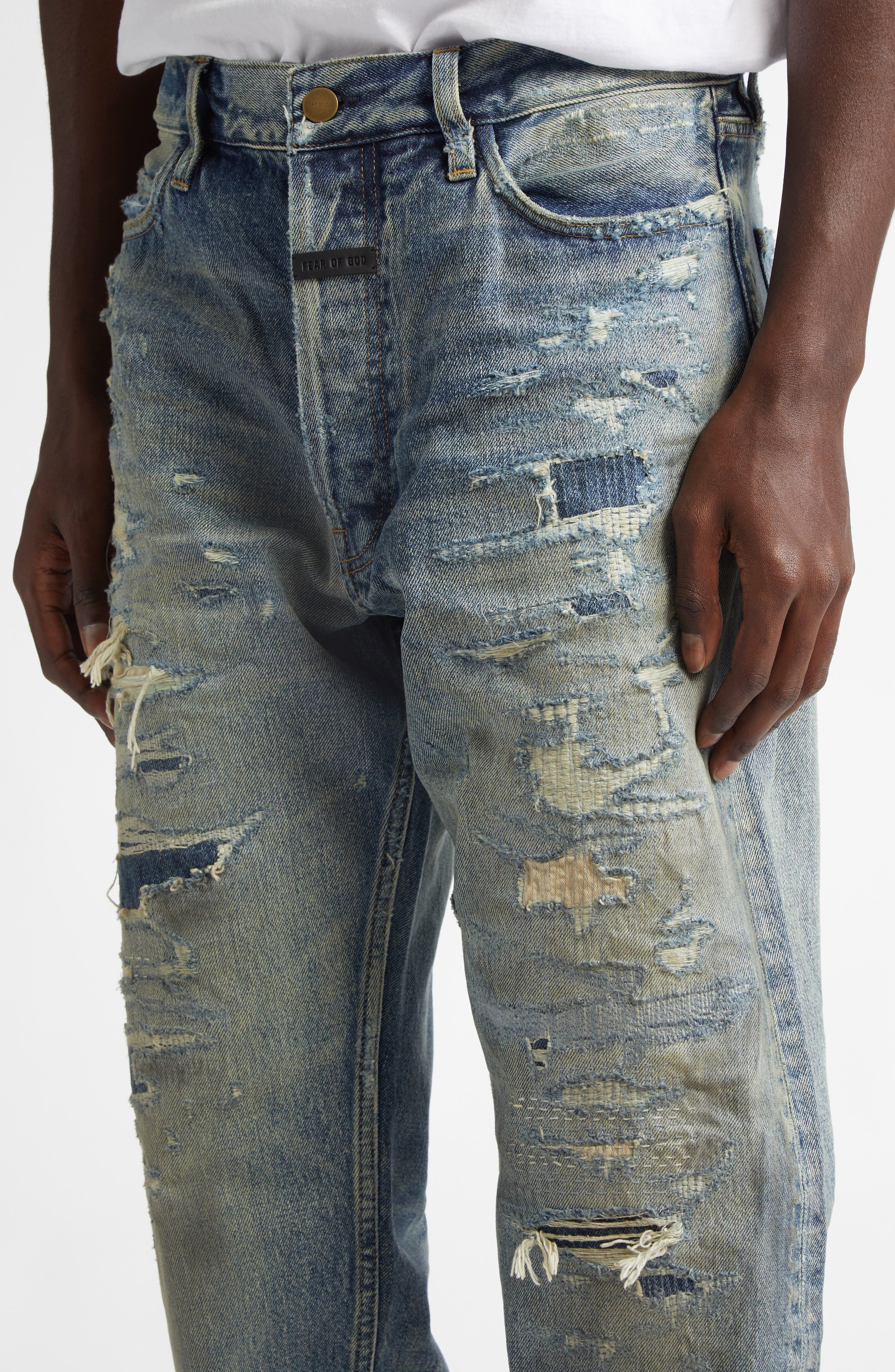 Fear of God Distressed Straight Leg Jeans in Reparied Vintage Indigo at Nordstrom - 5
