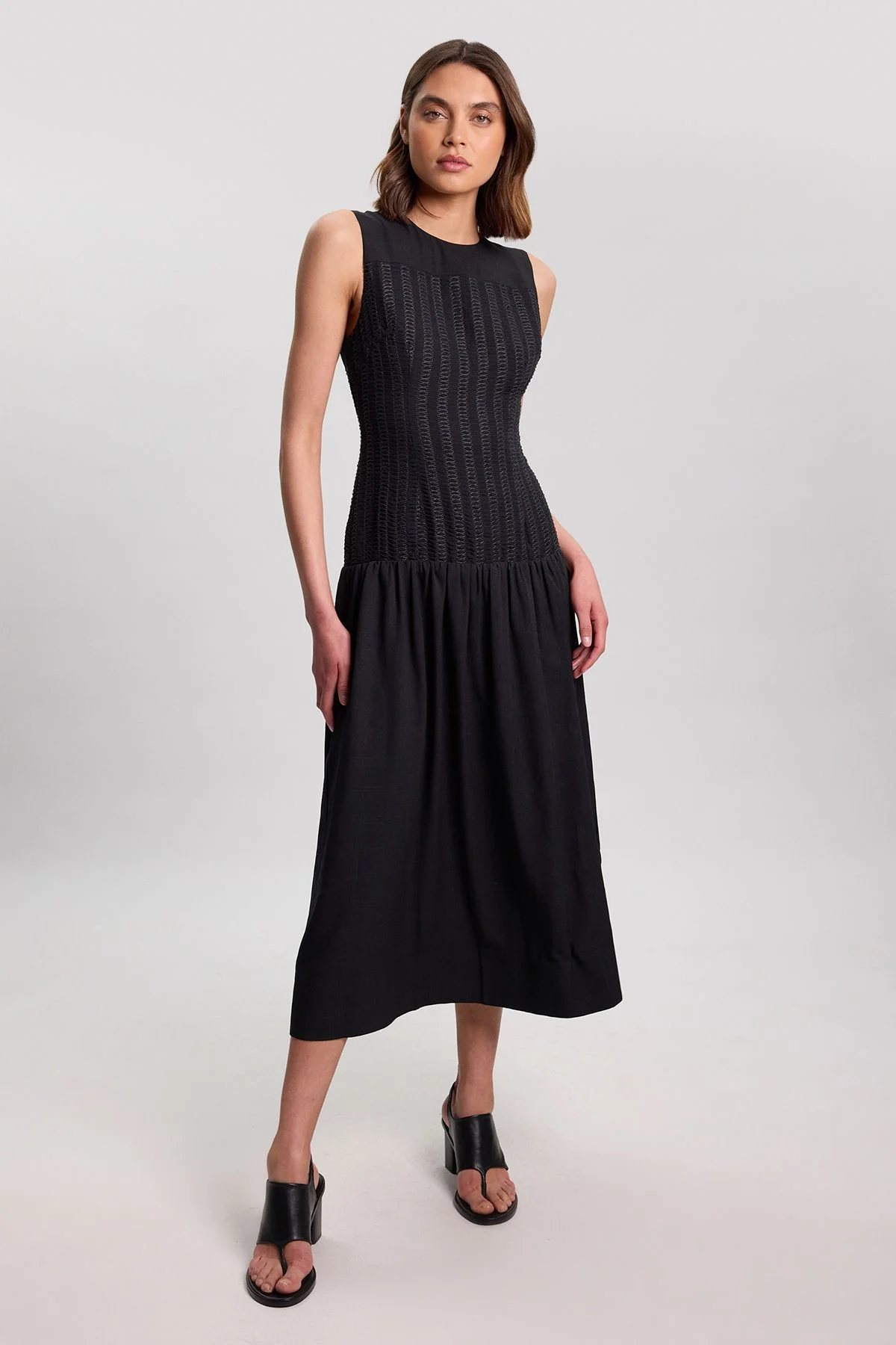 Textured Drop Waist Long Sleeve Woven Midi Dress - 1