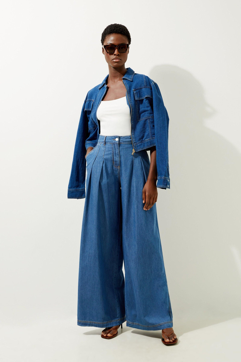 Tailored Chambray Denim Wide Leg Pleated Trousers 3