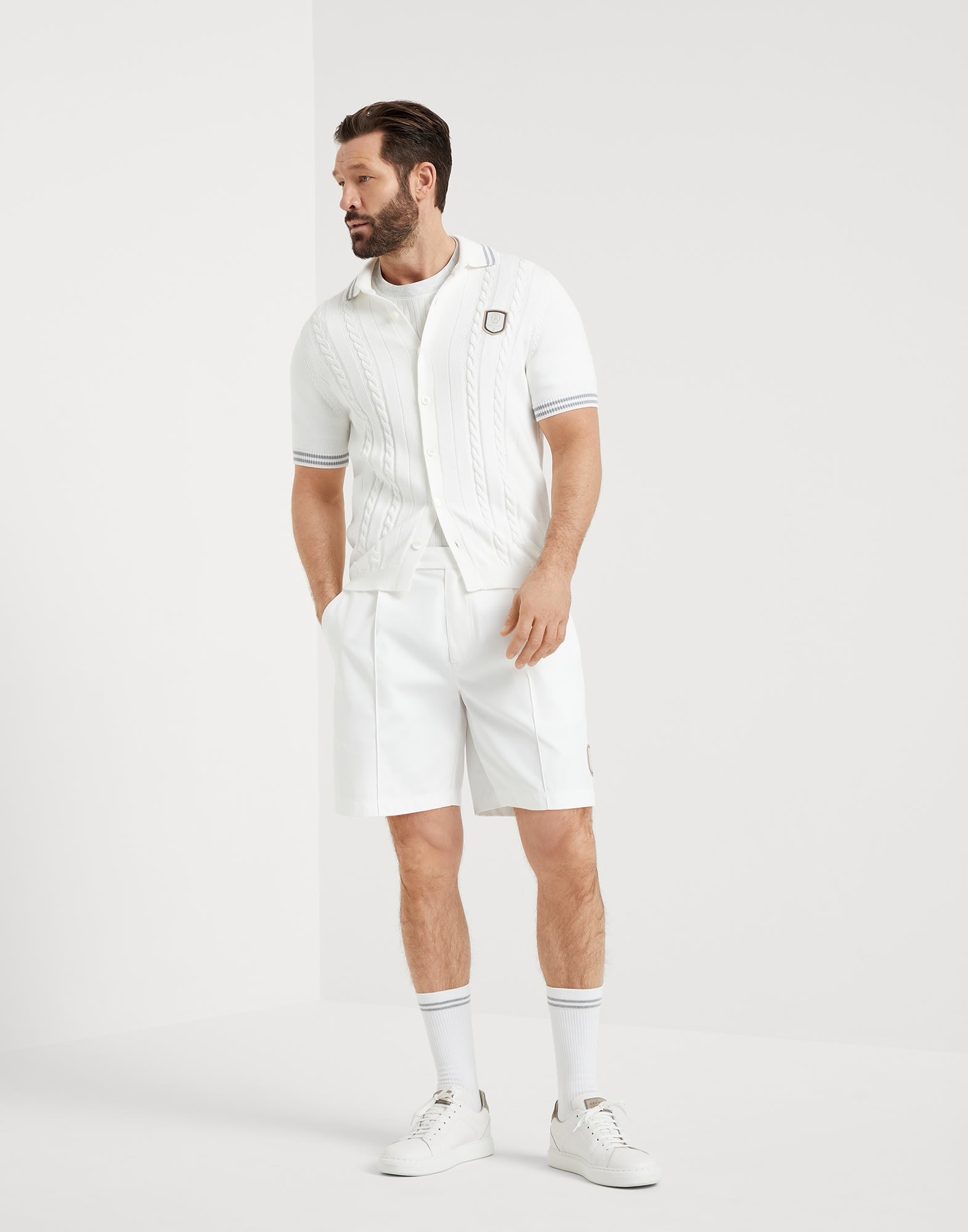 Bonded nylon pleated Bermuda shorts with tabbed waistband and tennis badge - 4