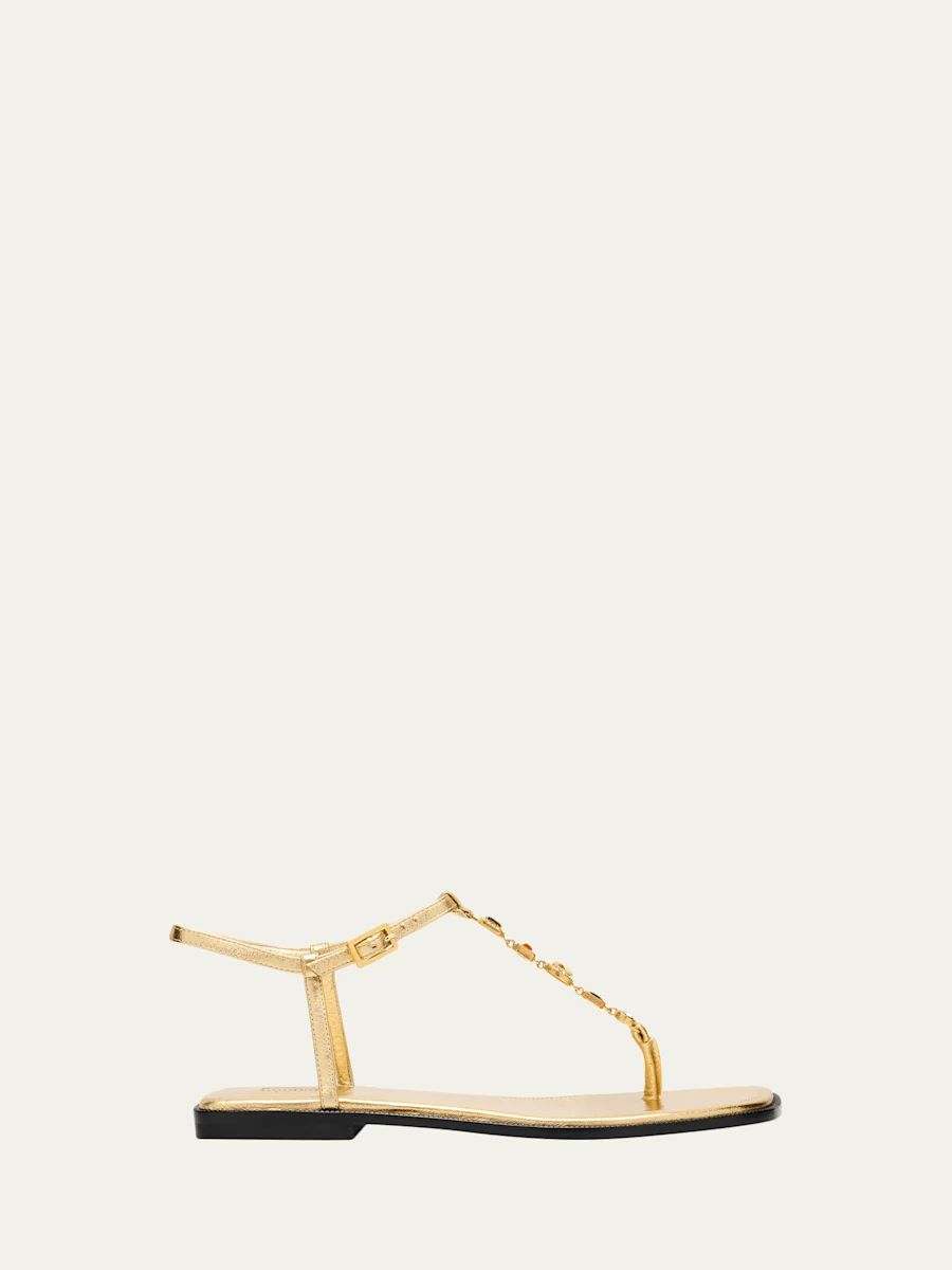 Embellished Metallic Leather Flat Sandals - 1