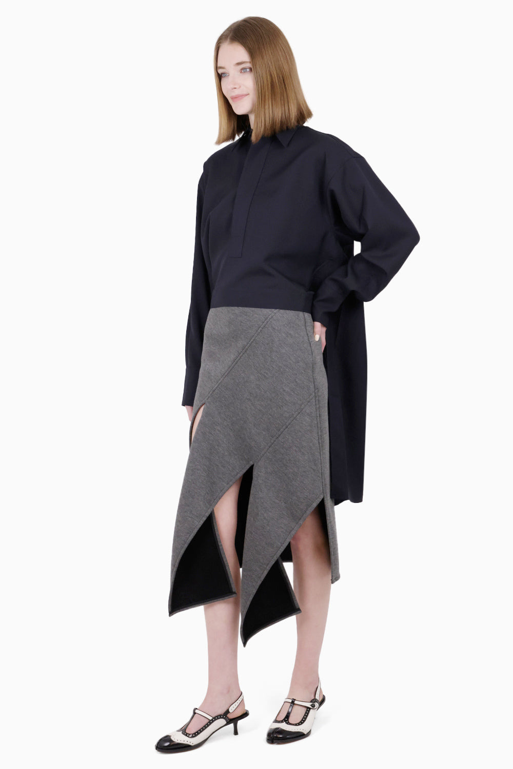 SPLIT DETAIL ASYMMETRIC HEM MIDI SKIRT | GREY/BLACK - 4