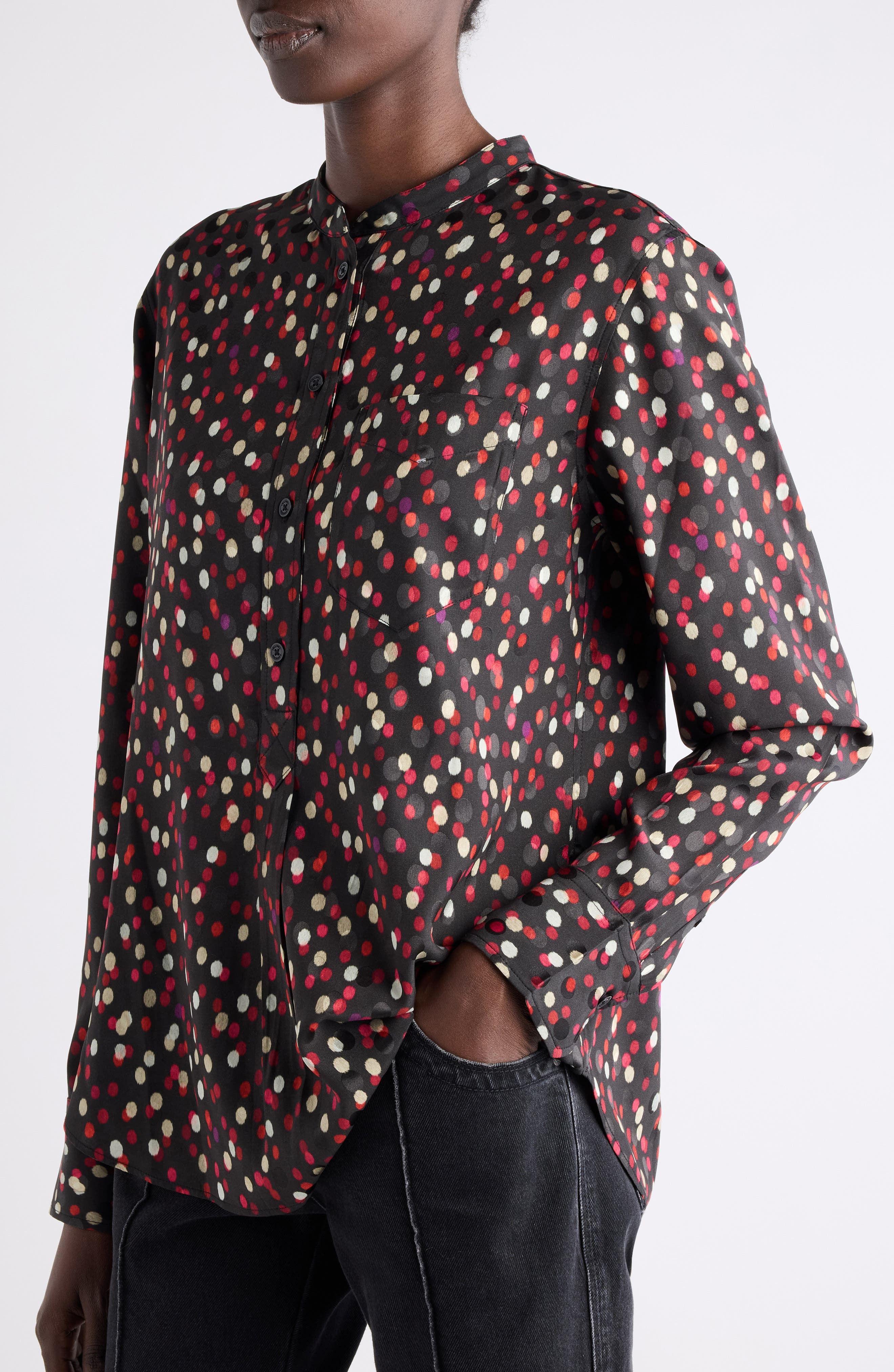 Isabel Marant Rusak Polka Dot Stretch Silk Popover Shirt in Black/Red at Nordstrom - 5