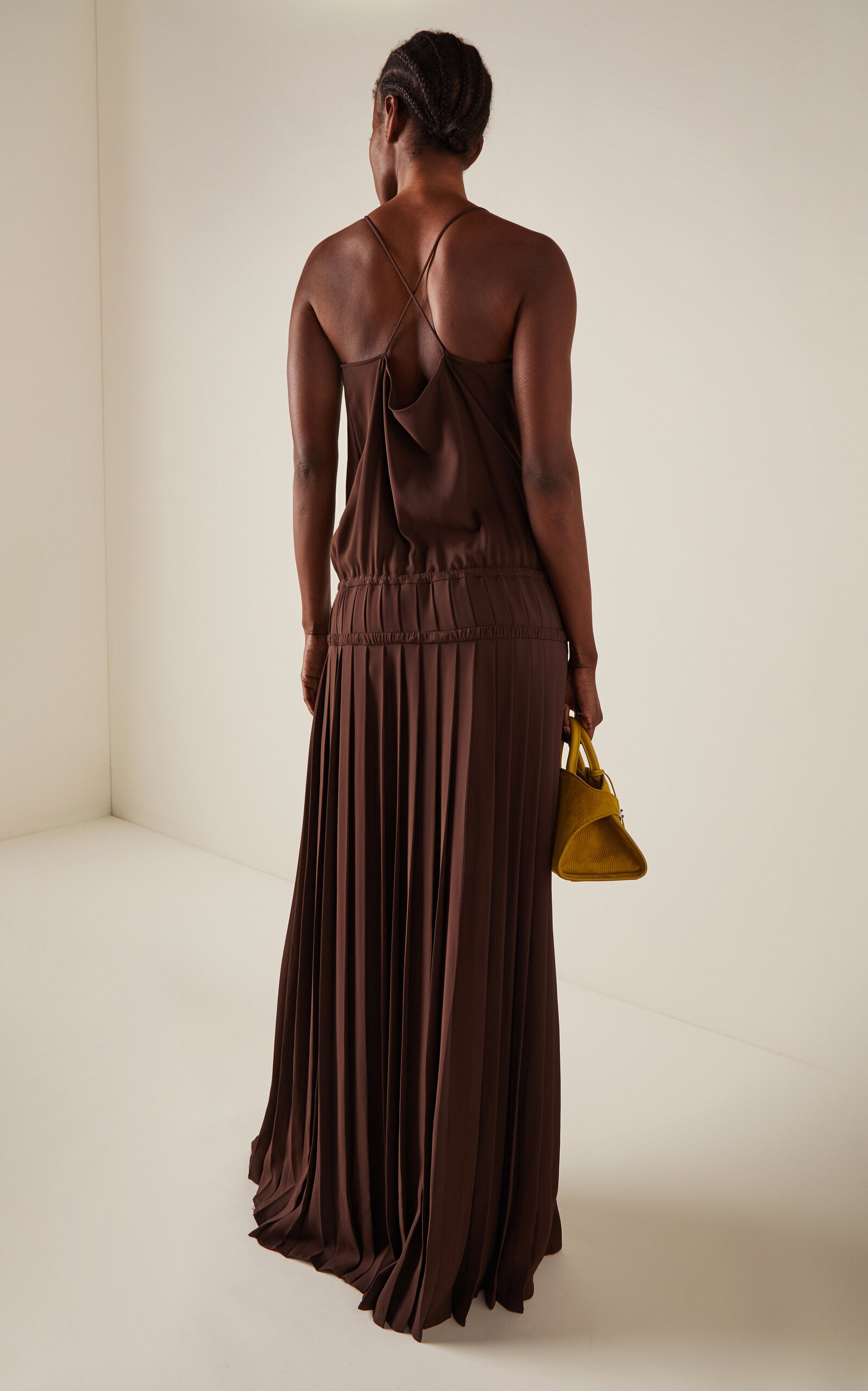 Pleated Drop-Waist Crepe Maxi Dress brown - 4