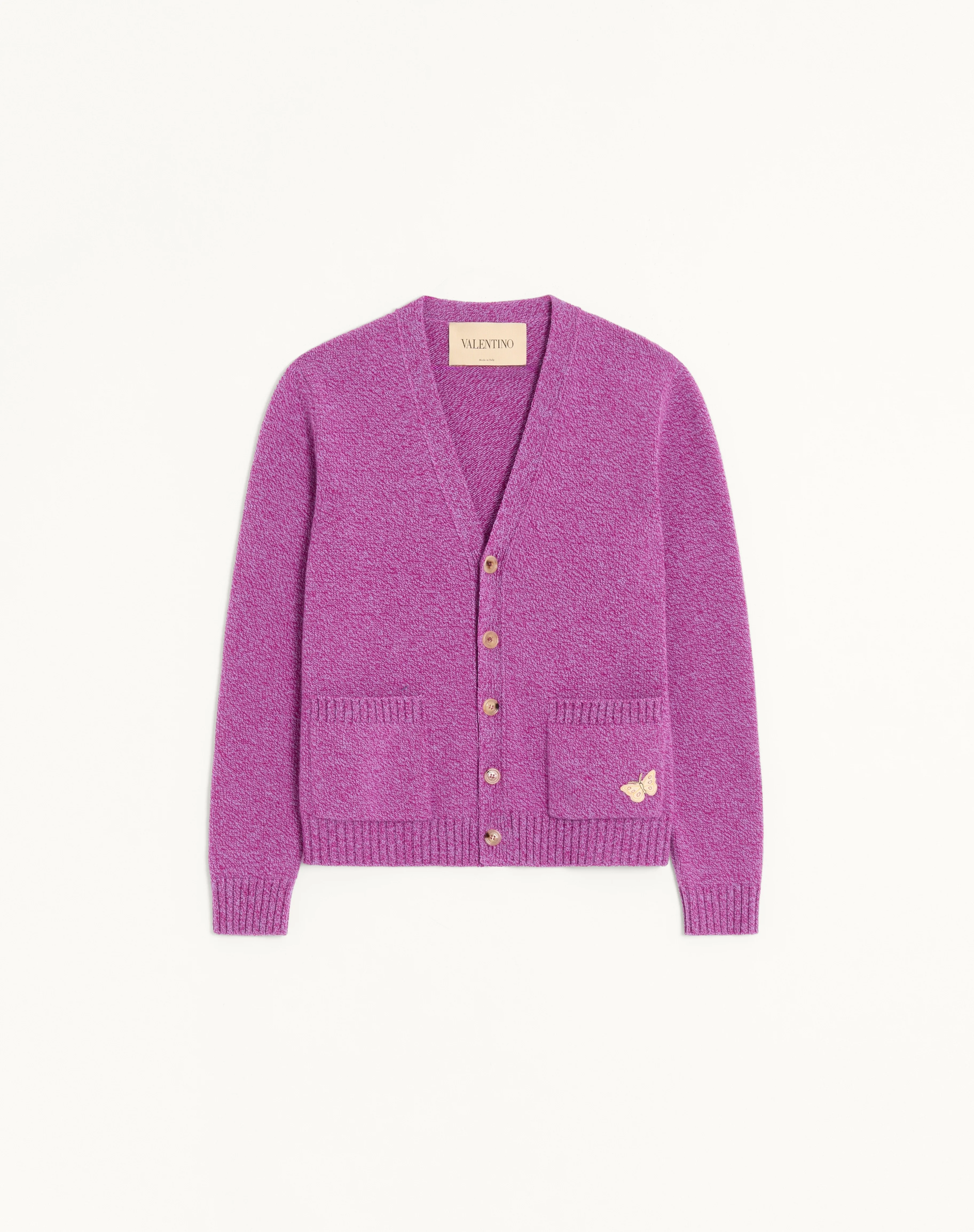 VALENTINO MOULINÉ WOOL CARDIGAN WITH EMBROIDERED BUTTERFLY PATCH - 1
