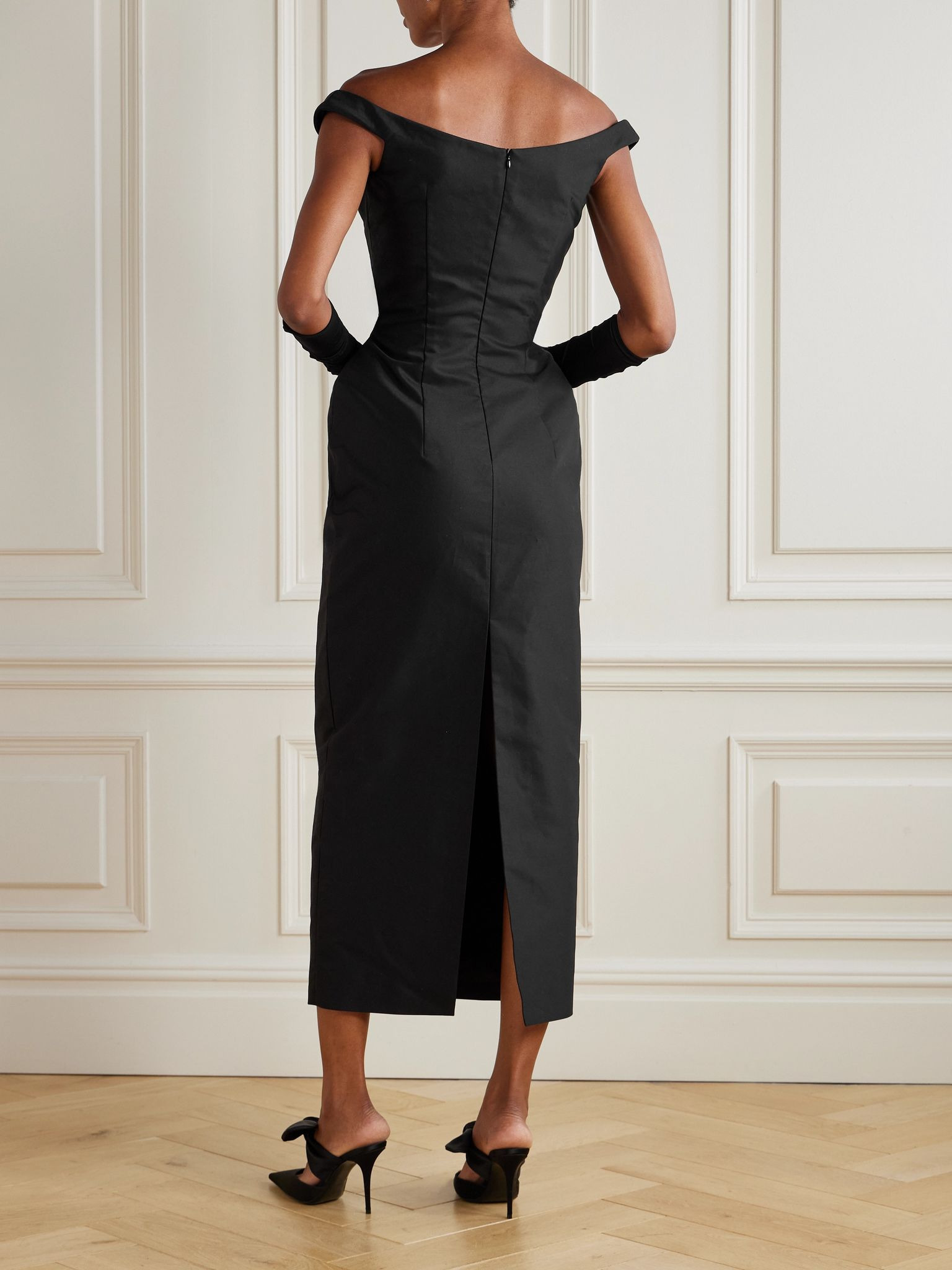 Off-the-shoulder cotton-sateen midi dress Black - 3