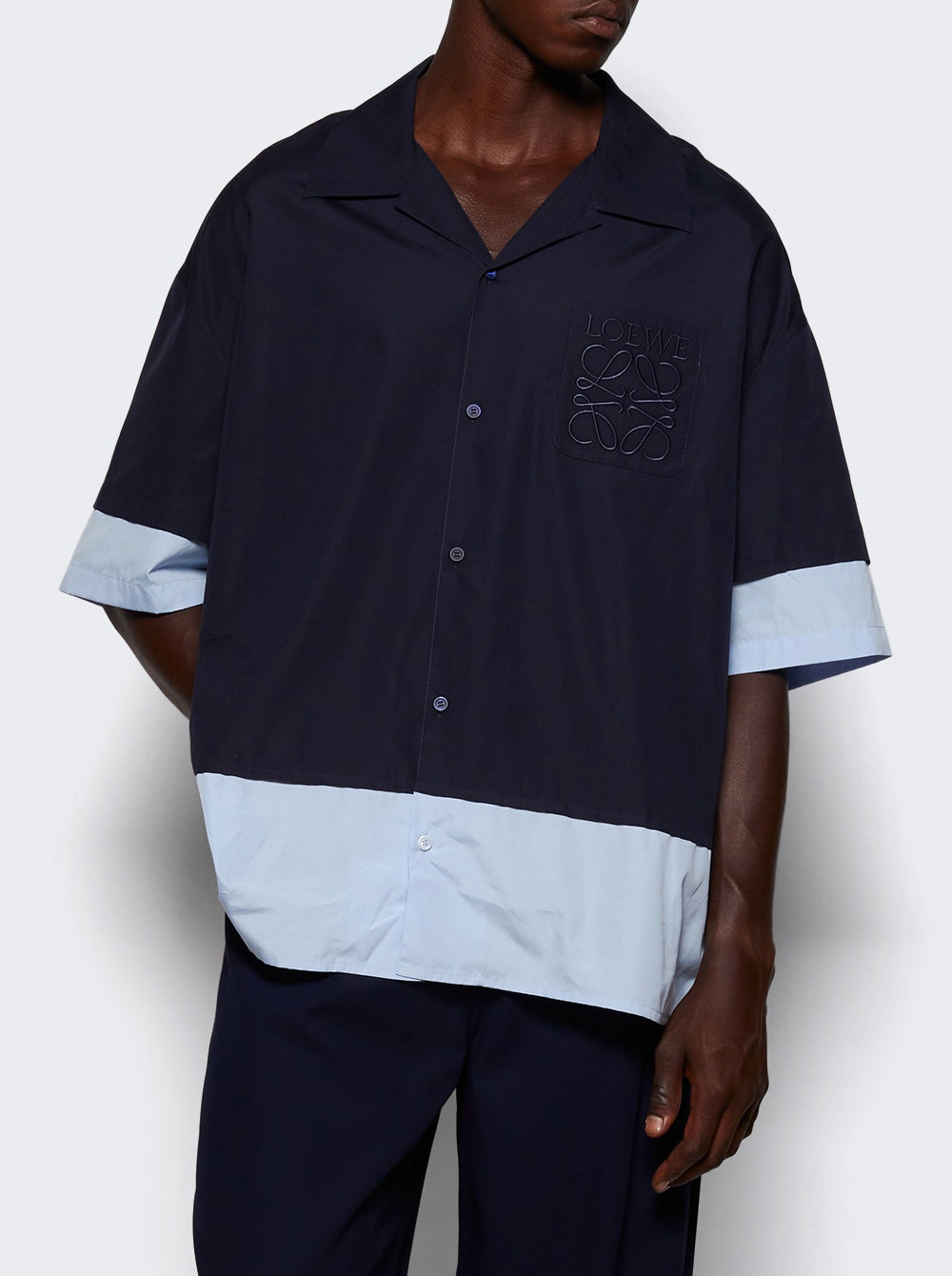 Short Sleeve Cotton Shirt Dark Navy And Light Blue - 2