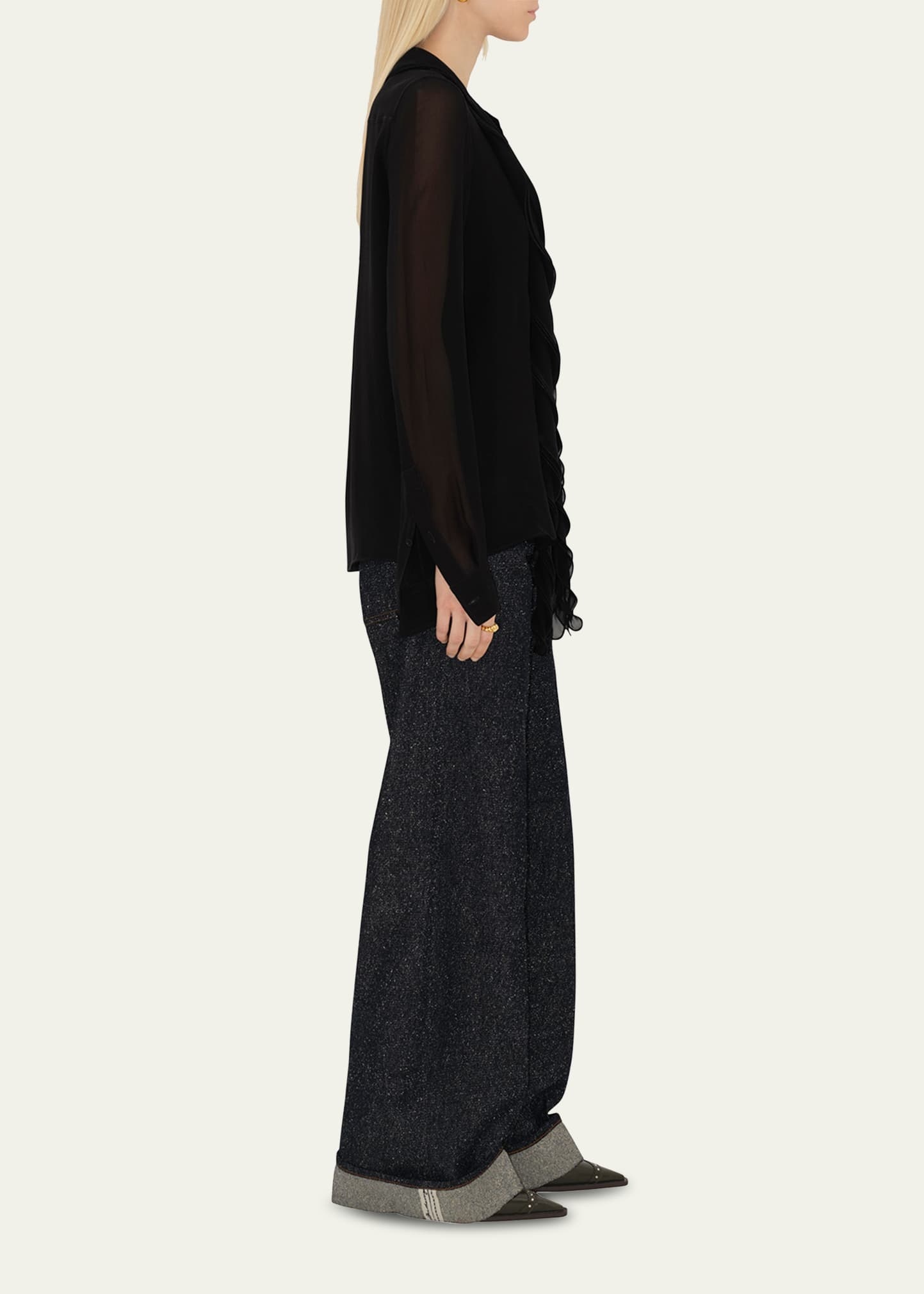 Ruffled Long Sleeve Silk Blouse - 4