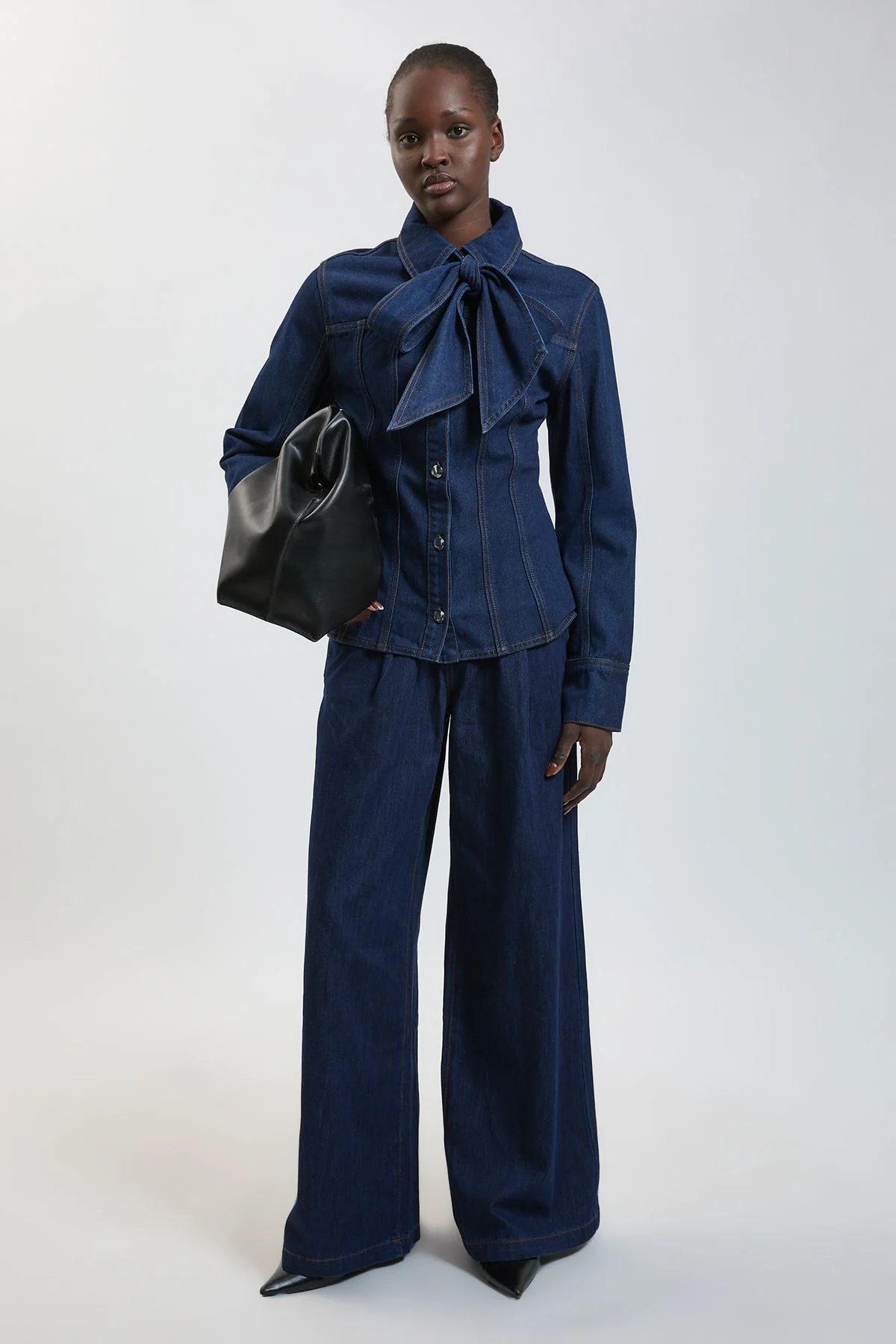 Denim Pleated Wide Leg Trouser - 1