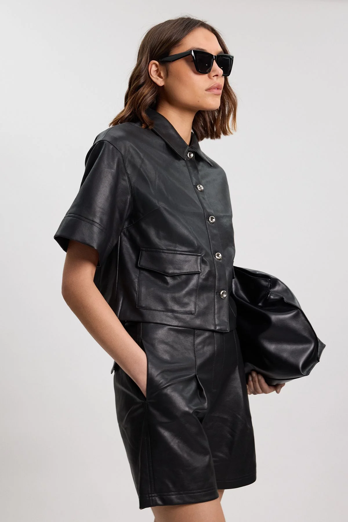Faux Leather Boxy Cropped Shirt - 1