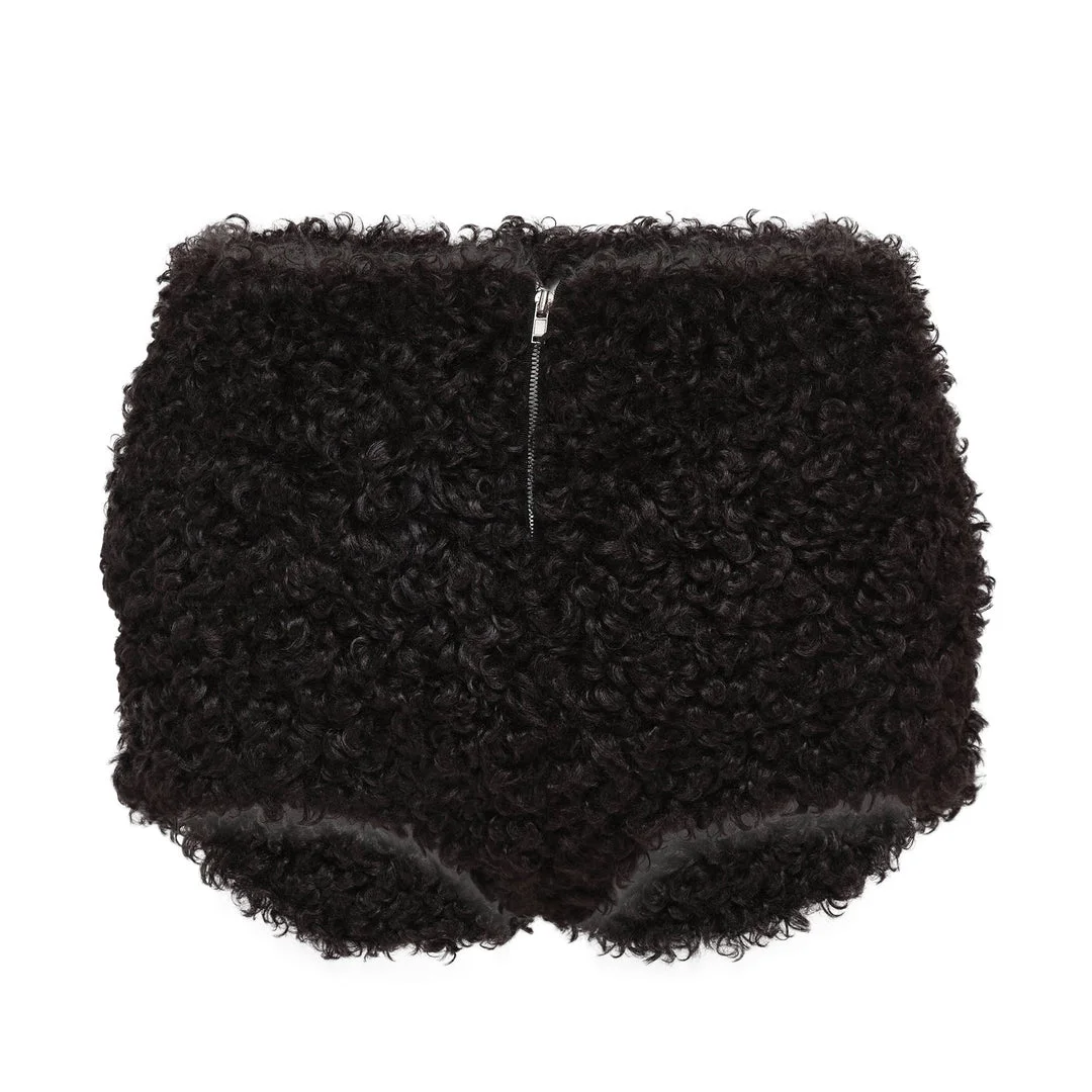 Black Faux Fur Micro Shorts - 1