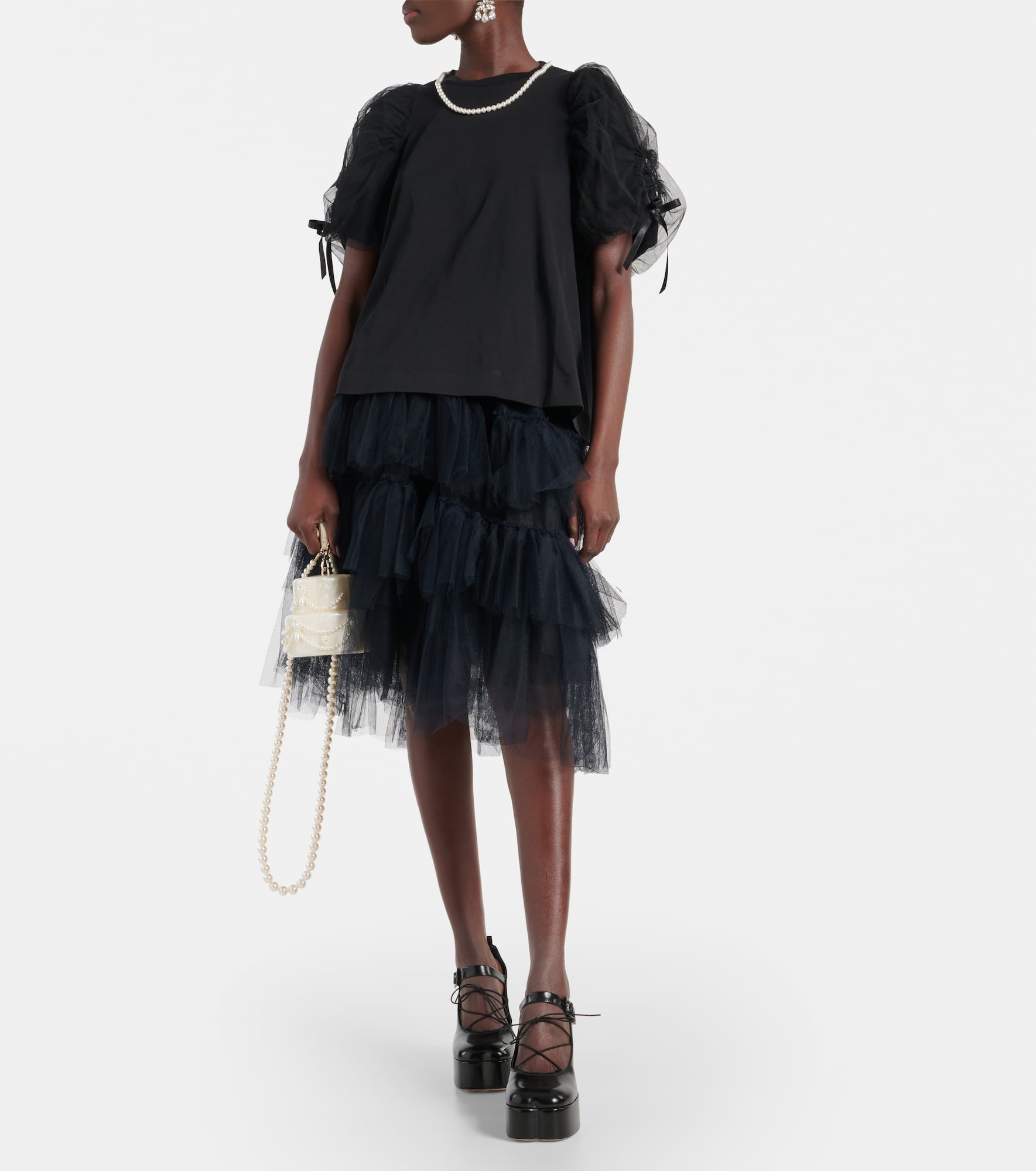 Puff-sleeve jersey and tulle top - 2