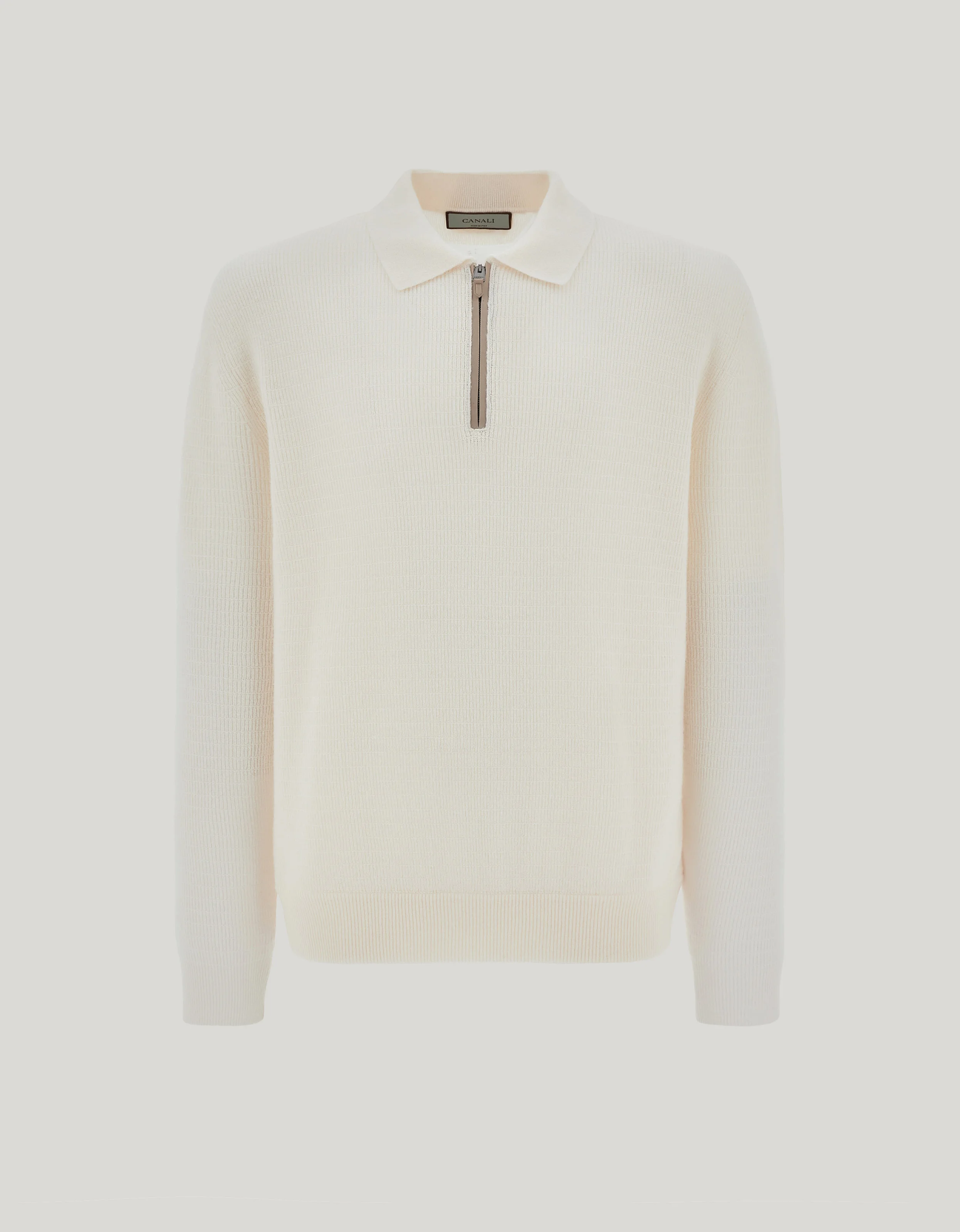 MILK-COLORED WOOL AND CASHMERE ZIPPERED POLO SHIRT WITH NUBUCK DETAILS - 1