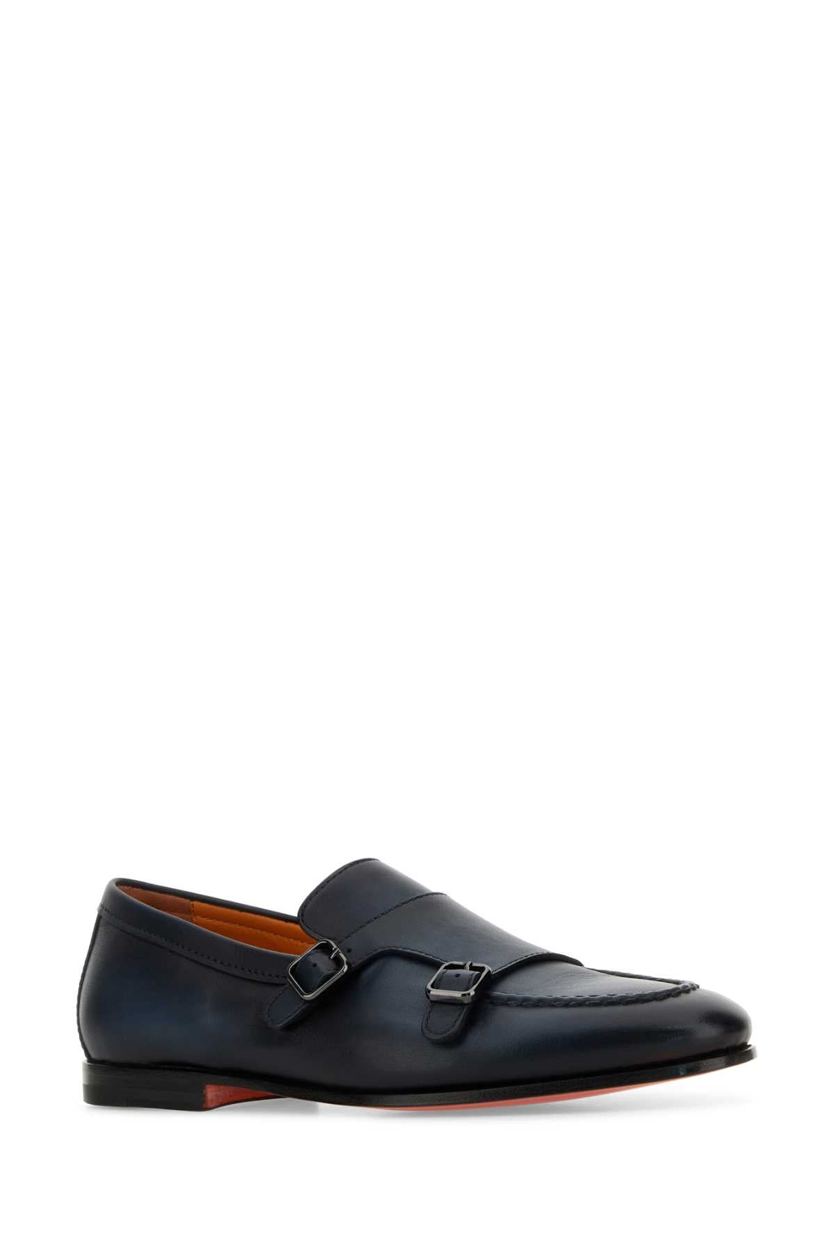 Santoni Men Midnight Blue Leather Dong Monk Strap Shoes - 2