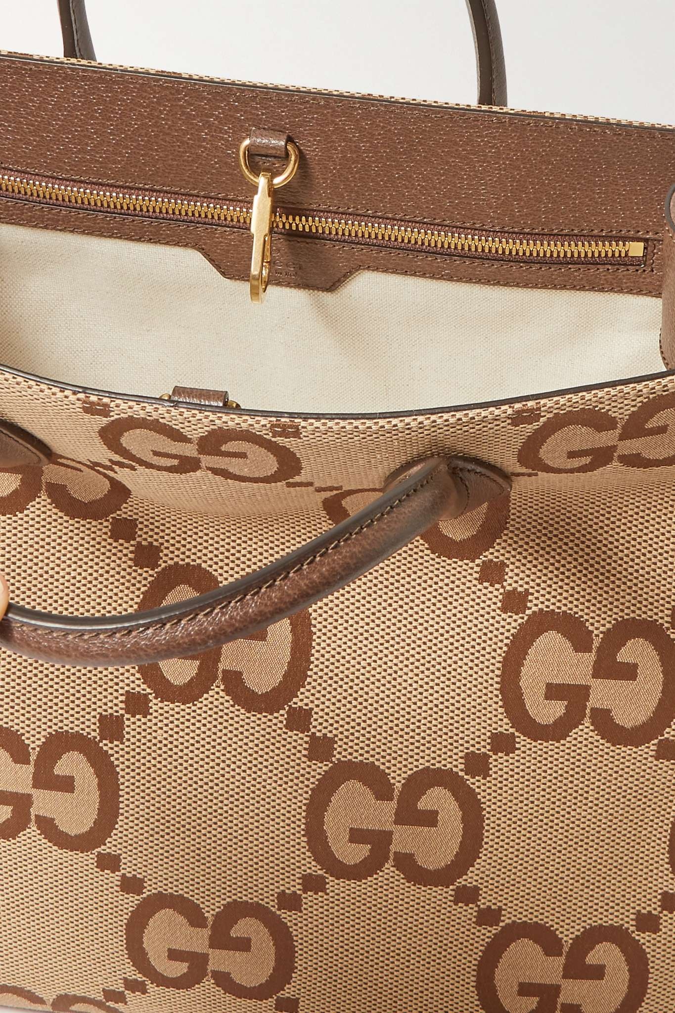 GG Jumbo leather-trimmed canvas-jacquard tote - 5