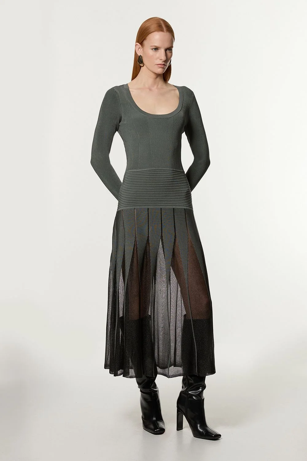 Slinky Knit Scooped Neck Sheer Detail Maxi Dress - 1