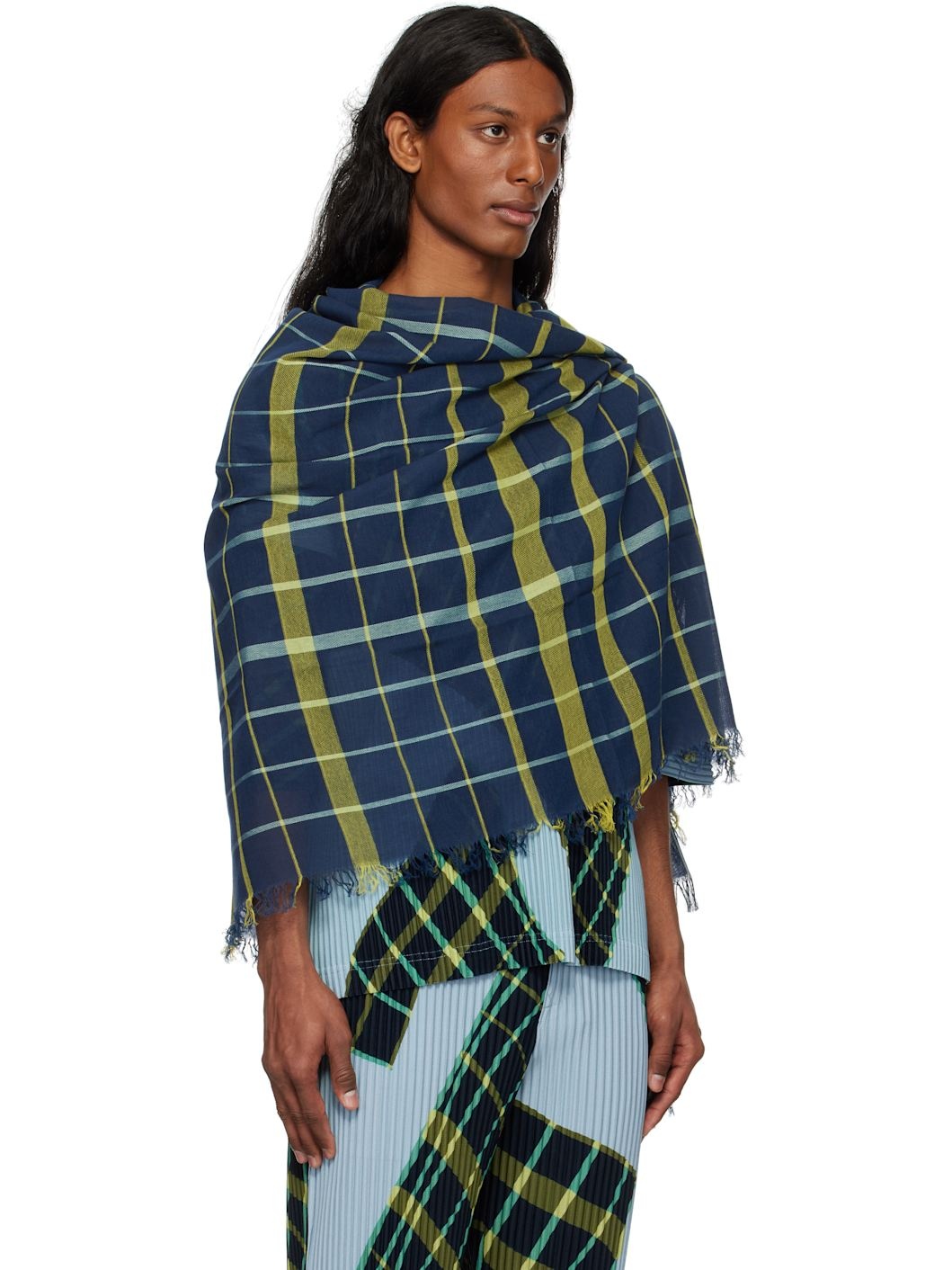 Navy & Green Plaid Stole Scarf - 2