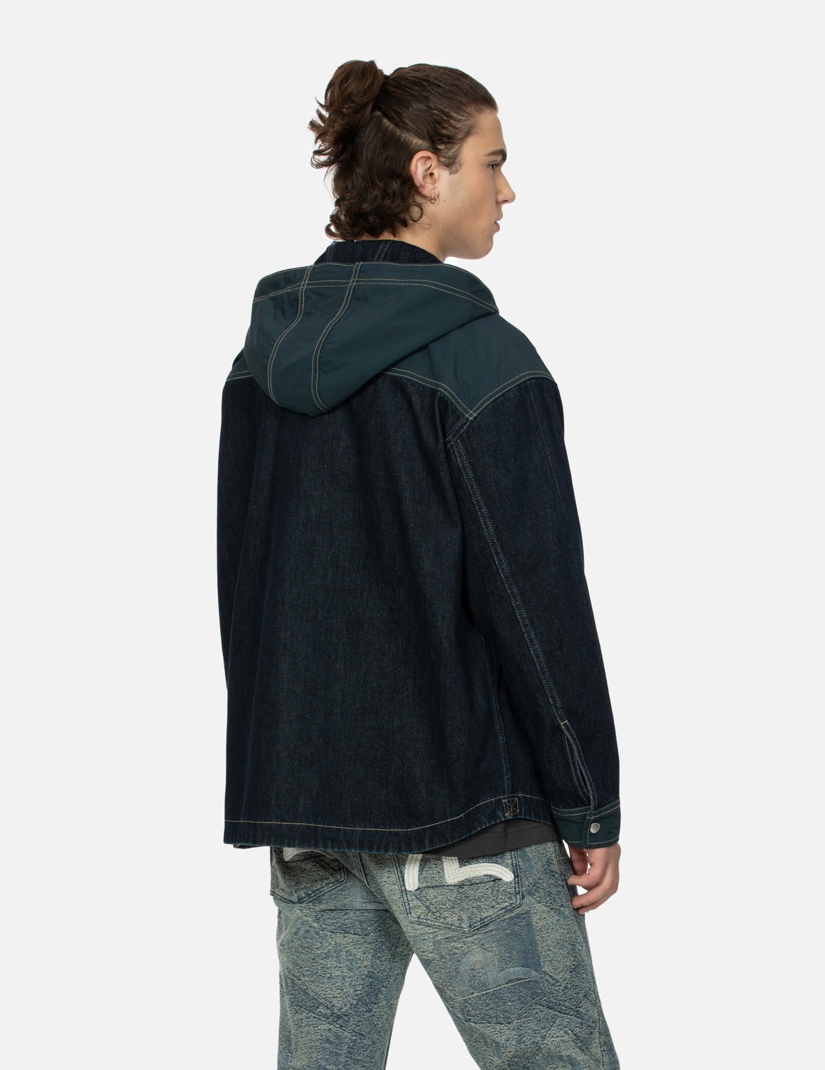 Logo Print Loose Fit Hooded Denim Shirt Jacket - 8